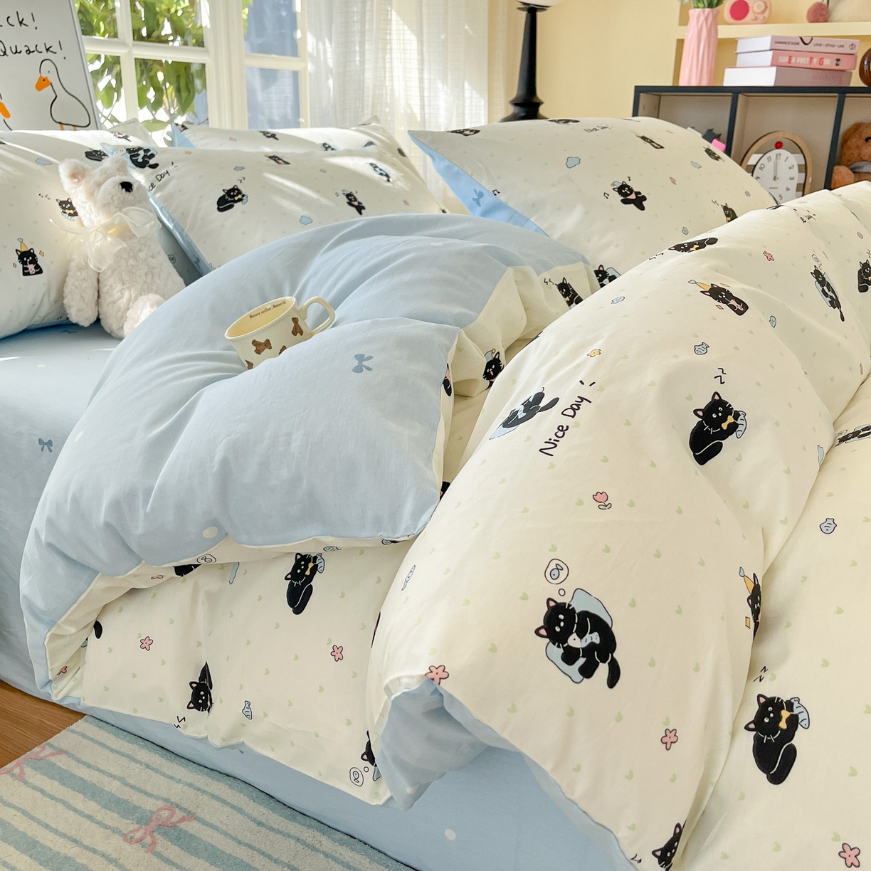 睡美美家纺 2026新款全棉纯棉斜纹印花喷气小清新四季款学生三件套四件套 贪睡猫