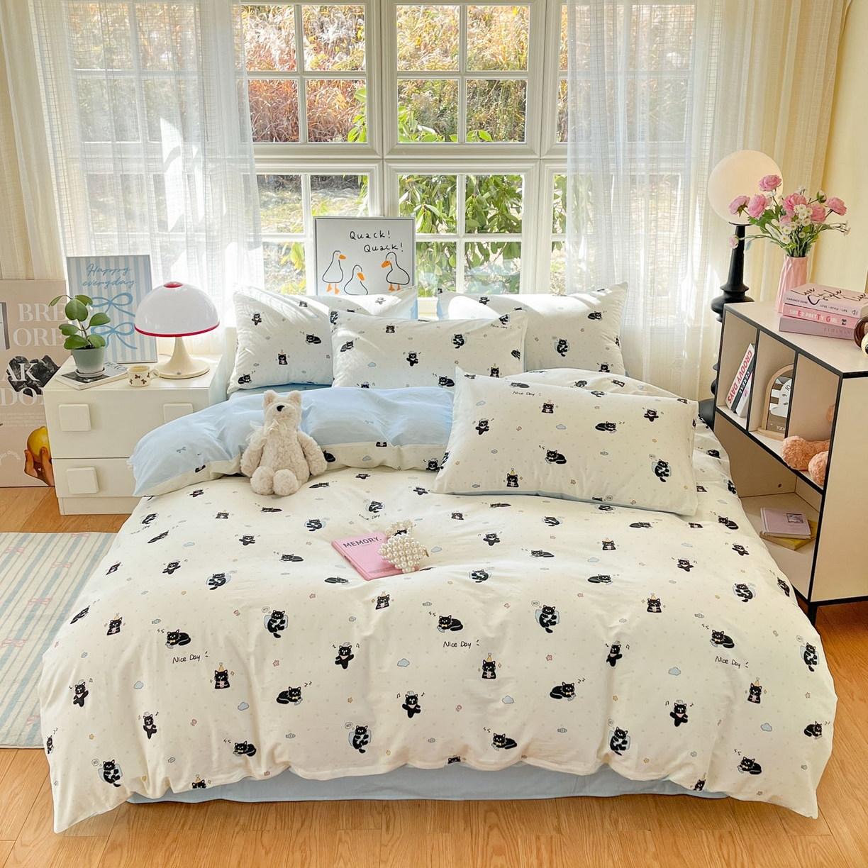 91家纺网 家纺一手货源 找家纺 睡美美家纺 2026新款全棉纯棉斜纹印花喷气小清新四季款学生三件套四件套 贪睡猫