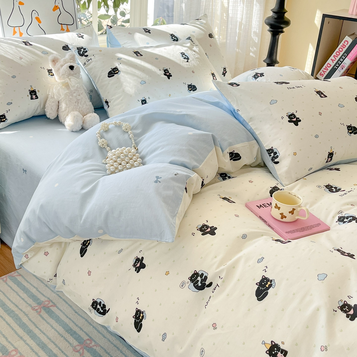 91家纺网 家纺一手货源 找家纺 睡美美家纺 2026新款全棉纯棉斜纹印花喷气小清新四季款学生三件套四件套 贪睡猫