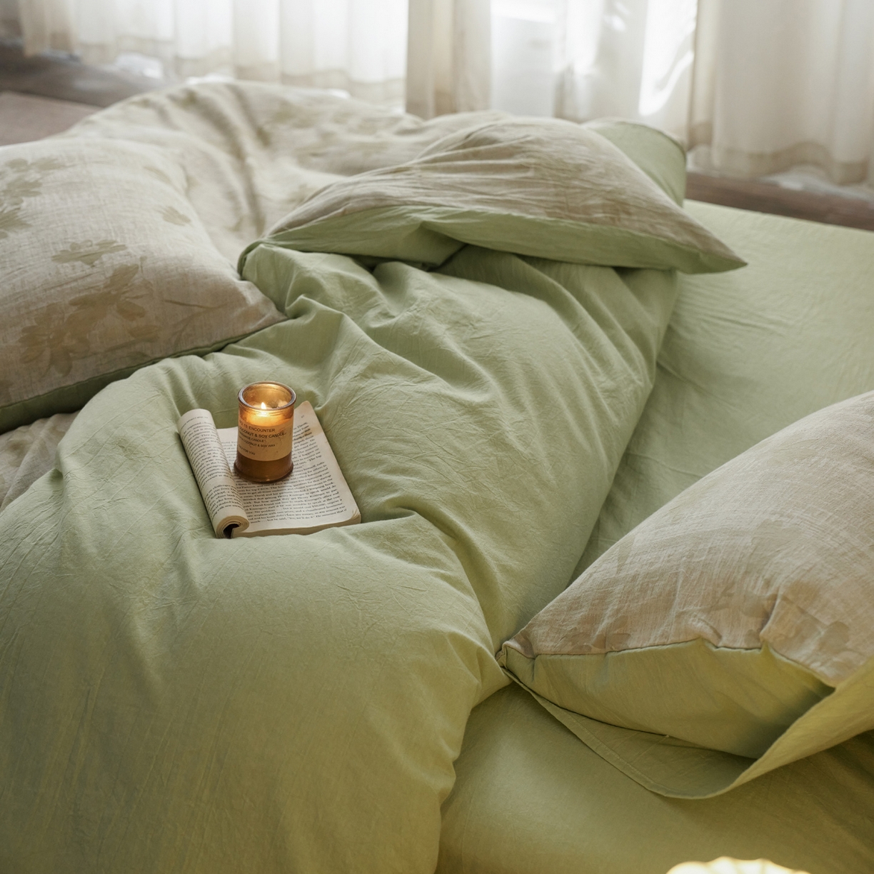 91家纺网 家纺一手货源 找家纺 如一 2026新款色织提花全棉水洗棉四件套第一批 兰序-绿