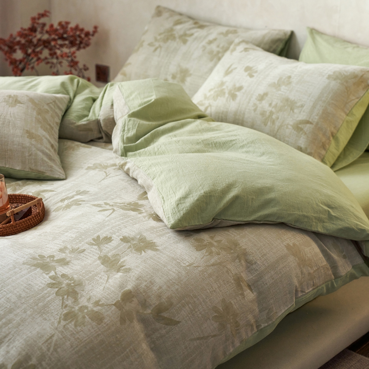 91家纺网 家纺一手货源 找家纺 如一 2026新款色织提花全棉水洗棉四件套第一批 兰序-绿