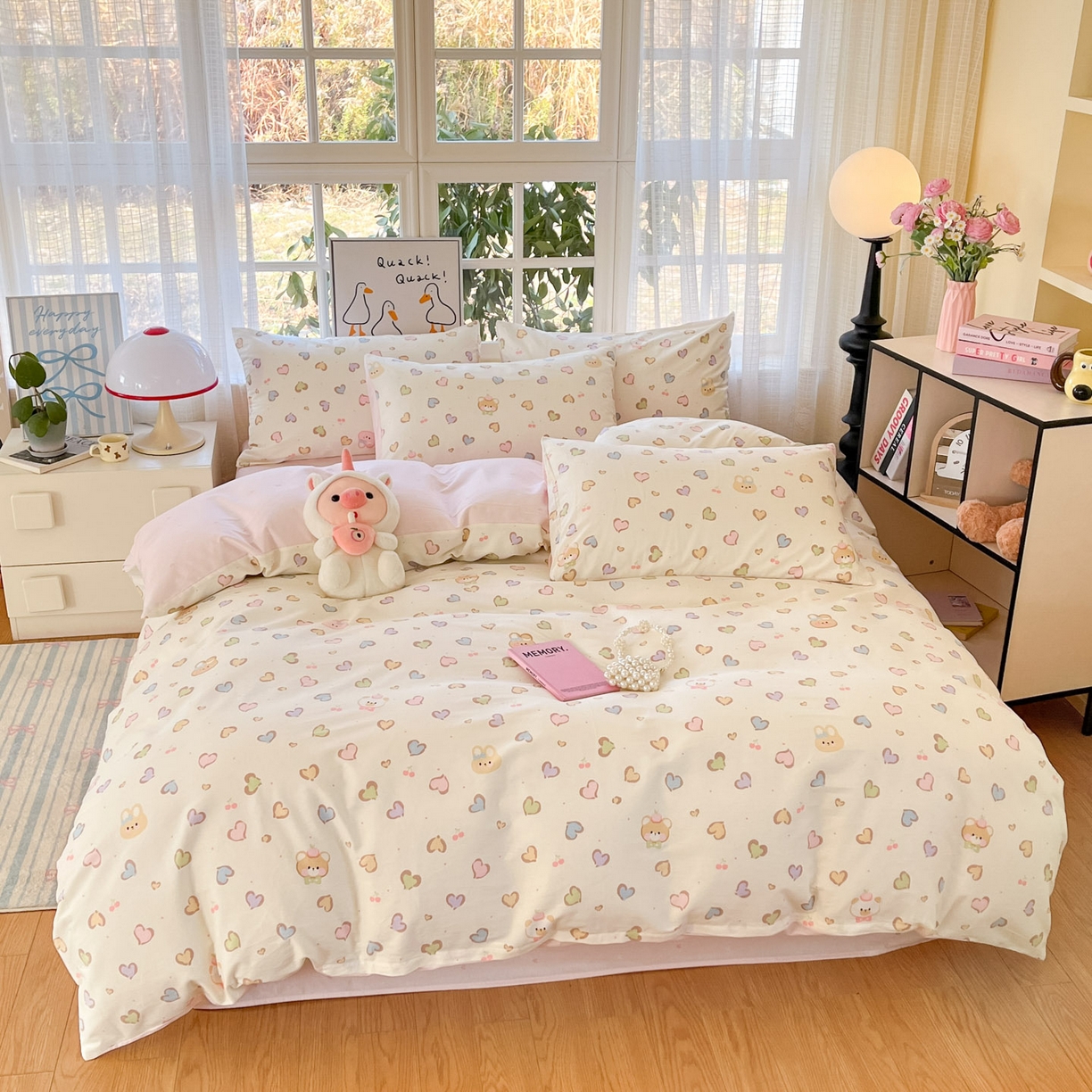 91家纺网 家纺一手货源 找家纺 睡美美家纺 2026新款全棉纯棉斜纹印花喷气小清新四季款学生三件套四件套 甜心萌宠-玉