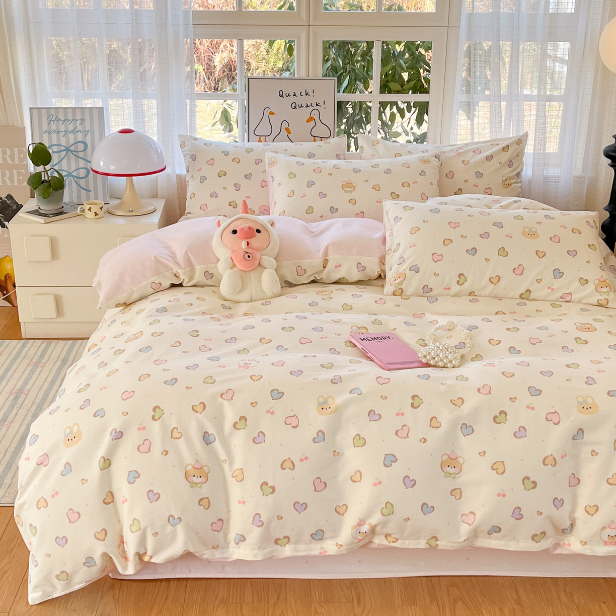 91家纺网 家纺一手货源 找家纺 睡美美家纺 2026新款全棉纯棉斜纹印花喷气小清新四季款学生三件套四件套 甜心萌宠-玉