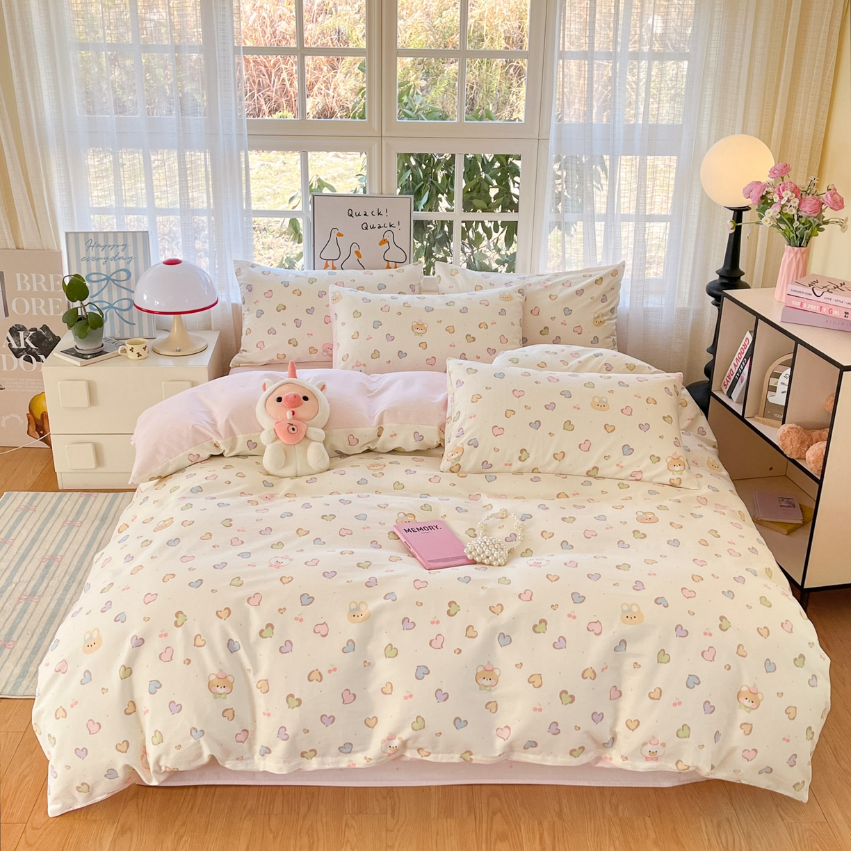 91家纺网 家纺一手货源 找家纺 睡美美家纺 2026新款全棉纯棉斜纹印花喷气小清新四季款学生三件套四件套 甜心萌宠-玉