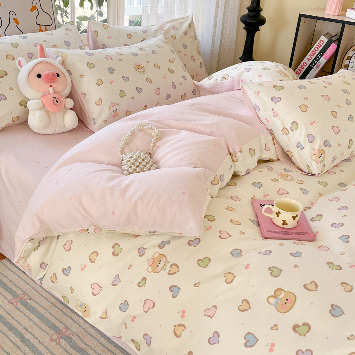 91家纺网 家纺一手货源 找家纺 睡美美家纺 2026新款全棉纯棉斜纹印花喷气小清新四季款学生三件套四件套 甜心萌宠-玉