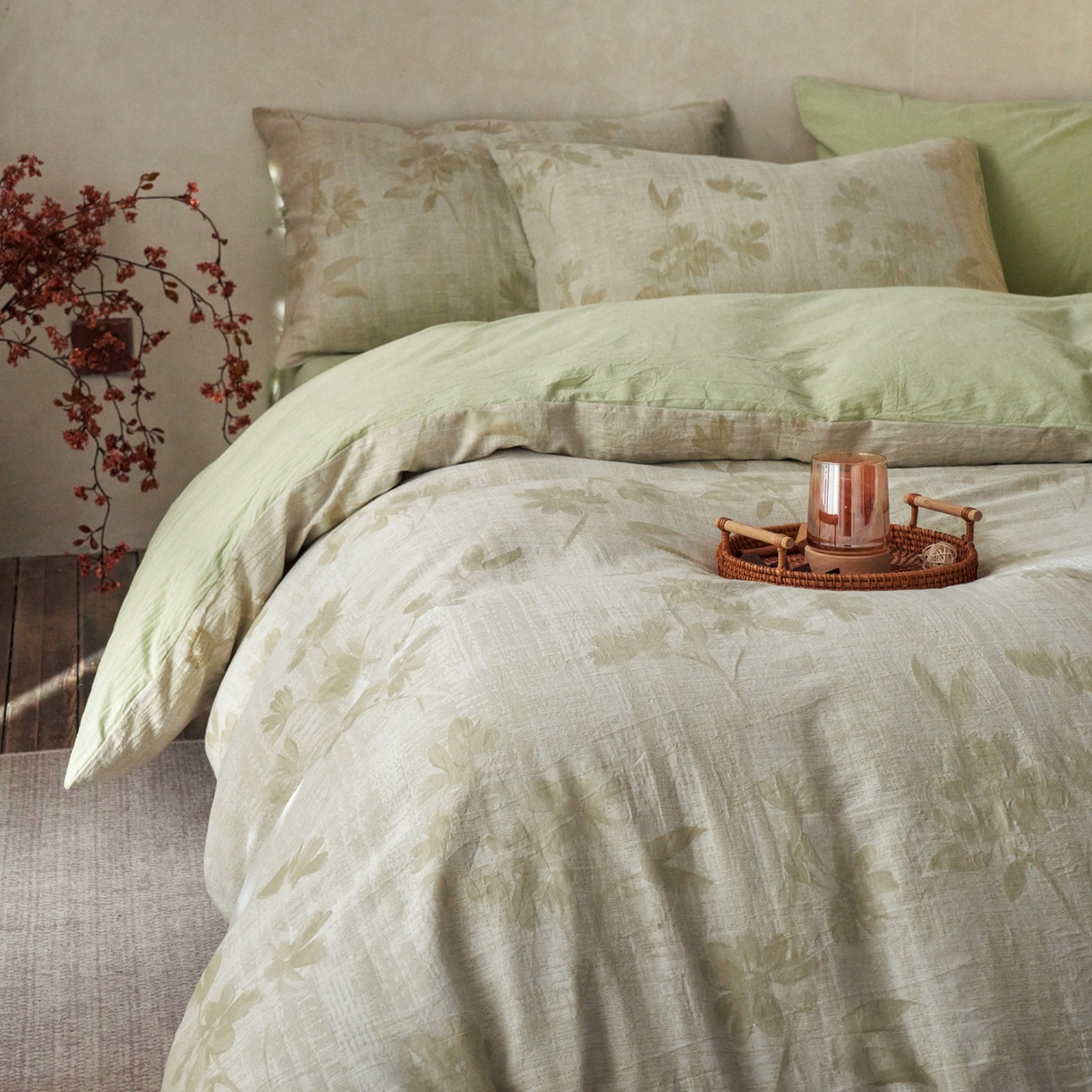 91家纺网 家纺一手货源 找家纺 如一 2026新款色织提花全棉水洗棉四件套第一批 兰序-绿