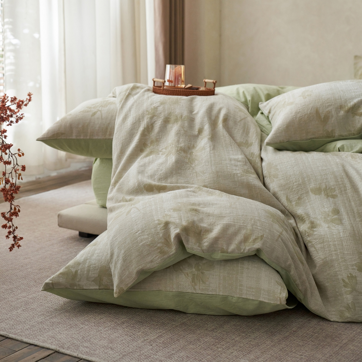 91家纺网 家纺一手货源 找家纺 如一 2026新款色织提花全棉水洗棉四件套第一批 兰序-绿