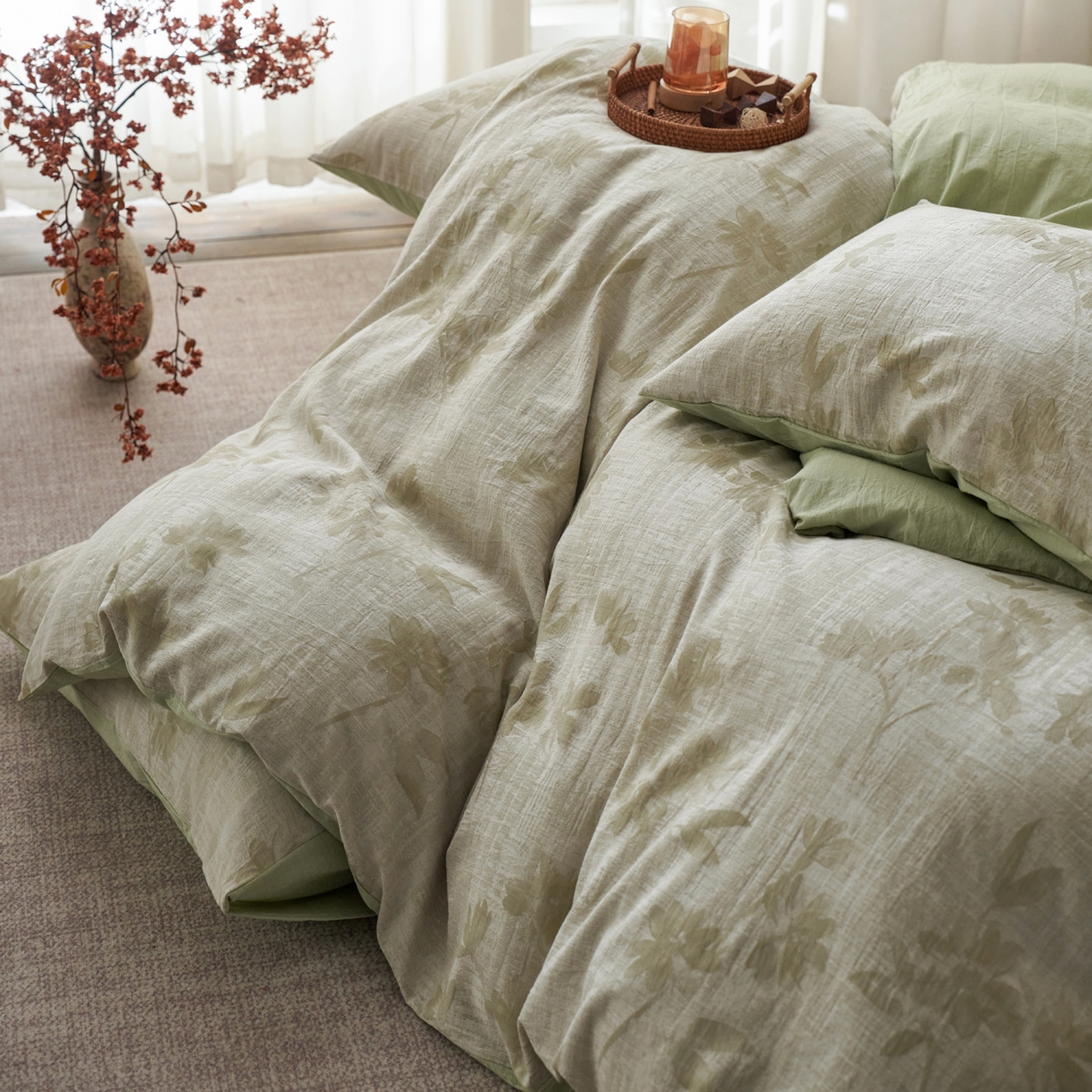 91家纺网 家纺一手货源 找家纺 如一 2026新款色织提花全棉水洗棉四件套第一批 兰序-绿