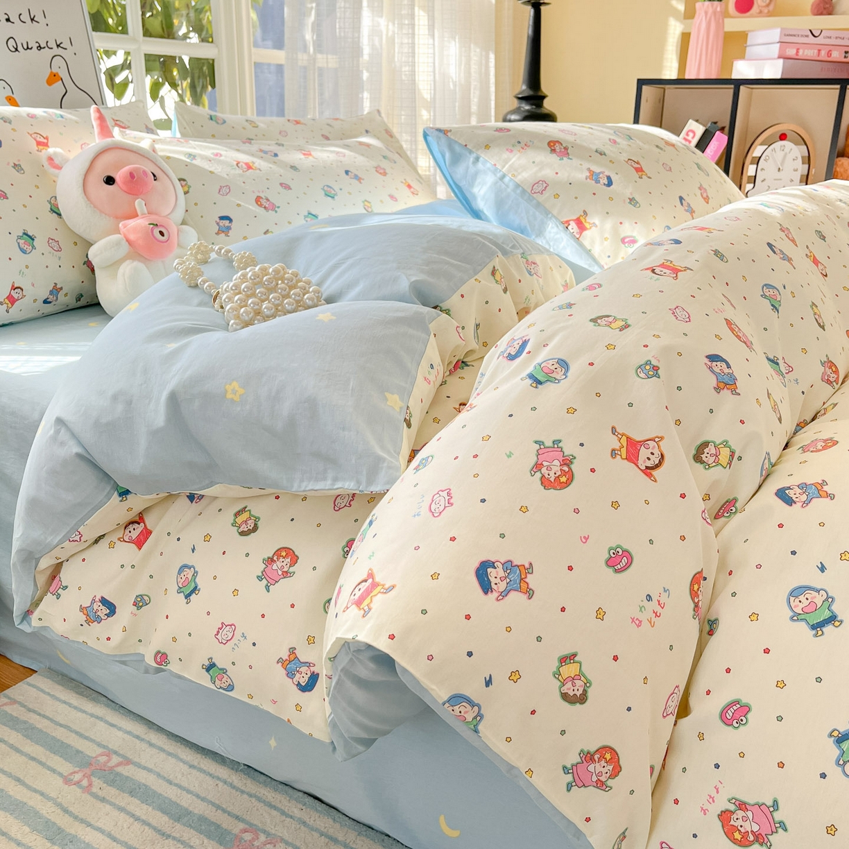 睡美美家纺 2026新款全棉纯棉斜纹印花喷气小清新四季款学生三件套四件套 童年回忆-米