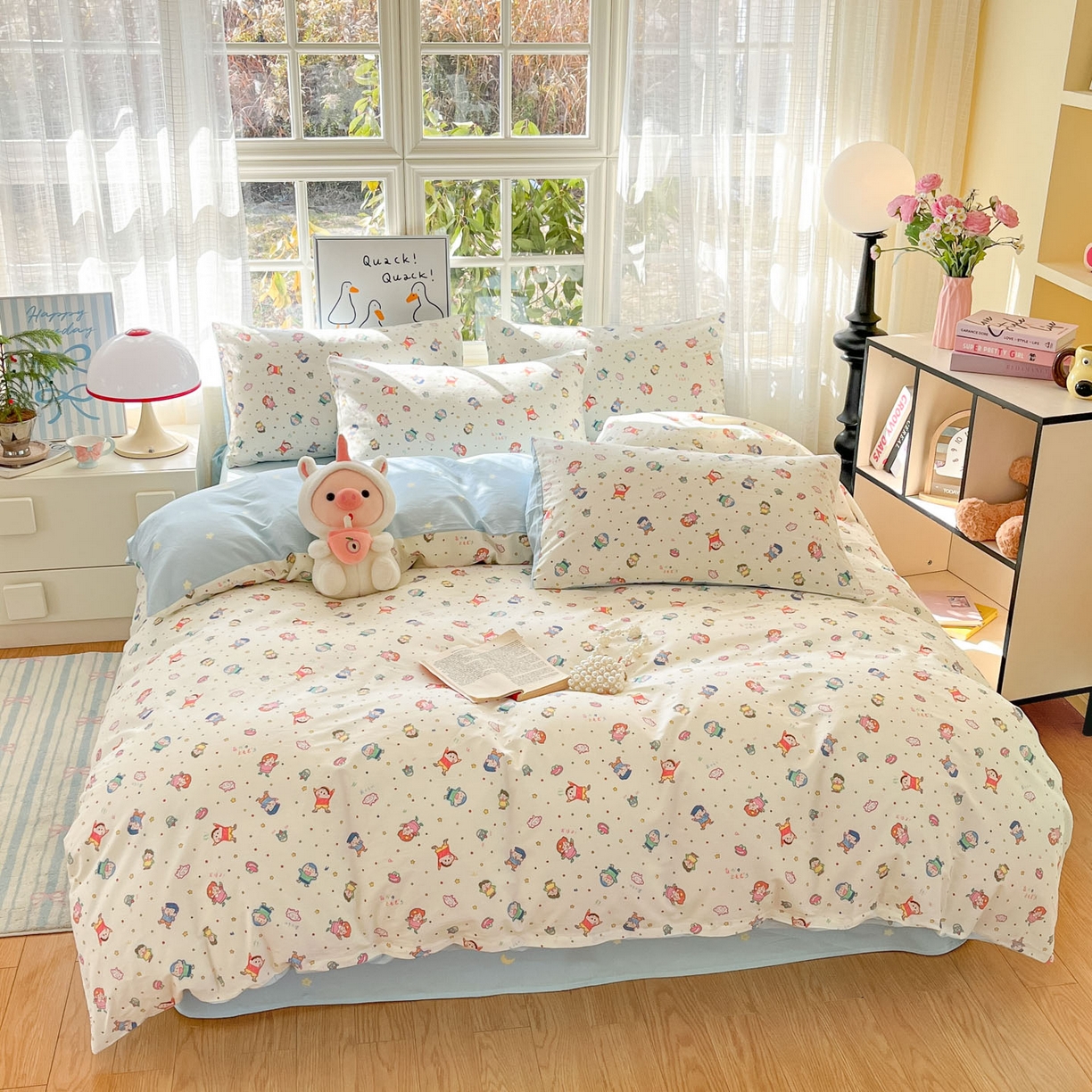 91家纺网 家纺一手货源 找家纺 睡美美家纺 2026新款全棉纯棉斜纹印花喷气小清新四季款学生三件套四件套 童年回忆-米