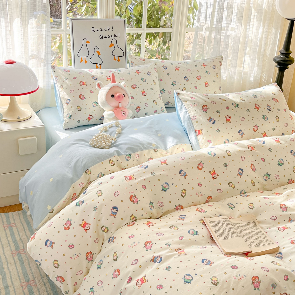 91家纺网 家纺一手货源 找家纺 睡美美家纺 2026新款全棉纯棉斜纹印花喷气小清新四季款学生三件套四件套 童年回忆-米