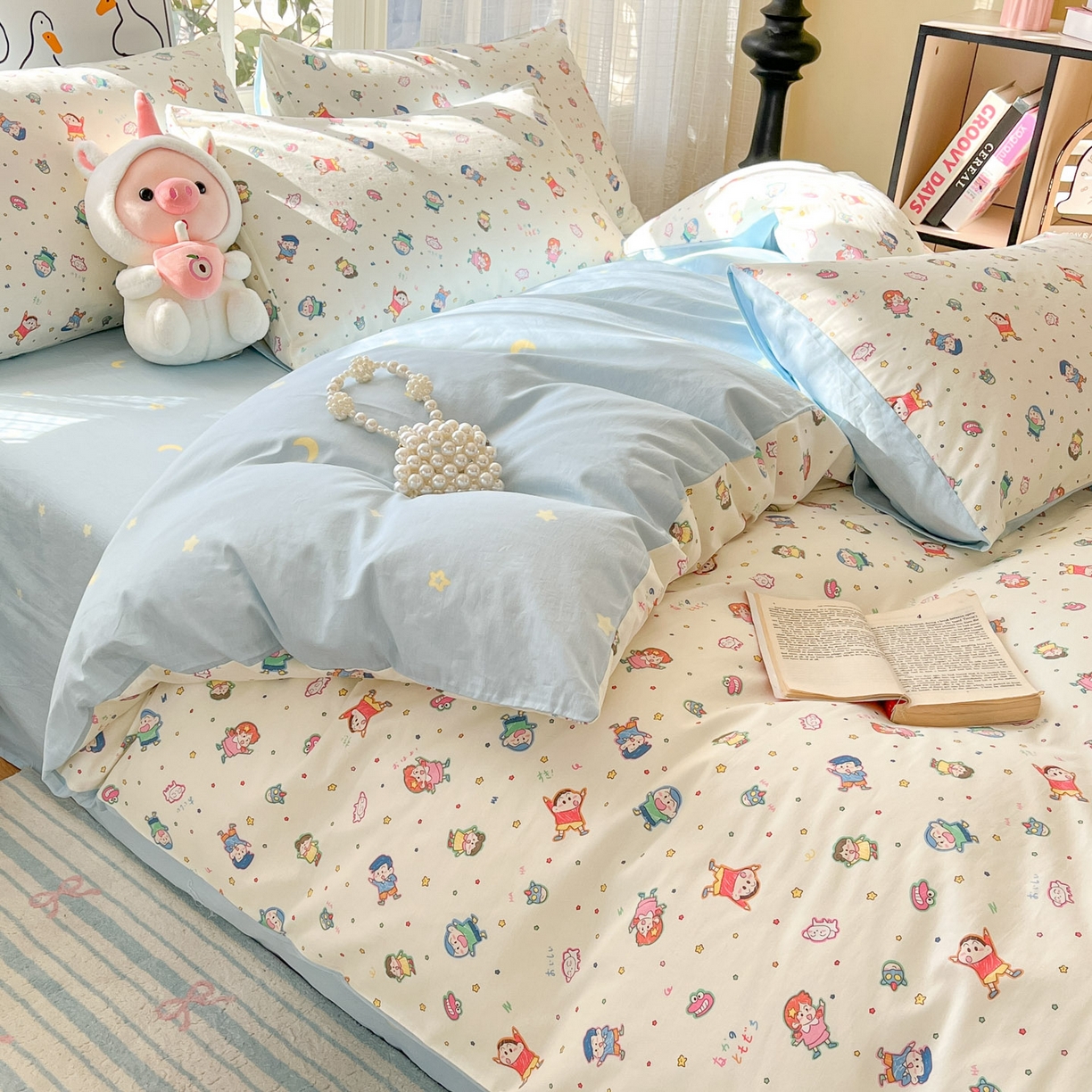 91家纺网 家纺一手货源 找家纺 睡美美家纺 2026新款全棉纯棉斜纹印花喷气小清新四季款学生三件套四件套 童年回忆-米