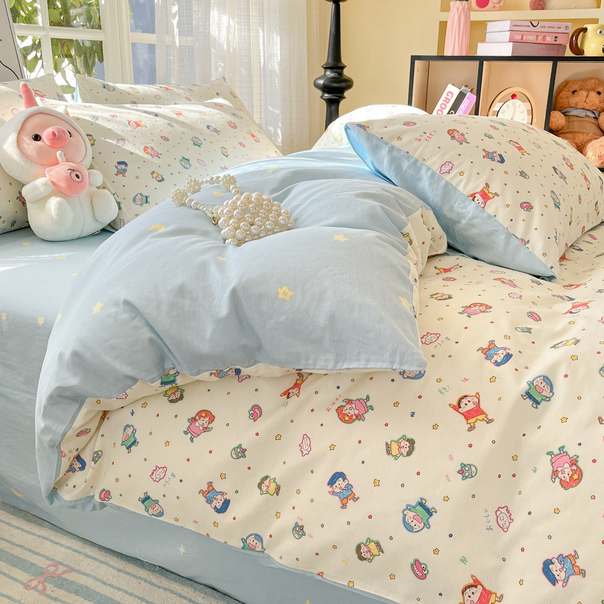 91家纺网 家纺一手货源 找家纺 睡美美家纺 2026新款全棉纯棉斜纹印花喷气小清新四季款学生三件套四件套 童年回忆-米