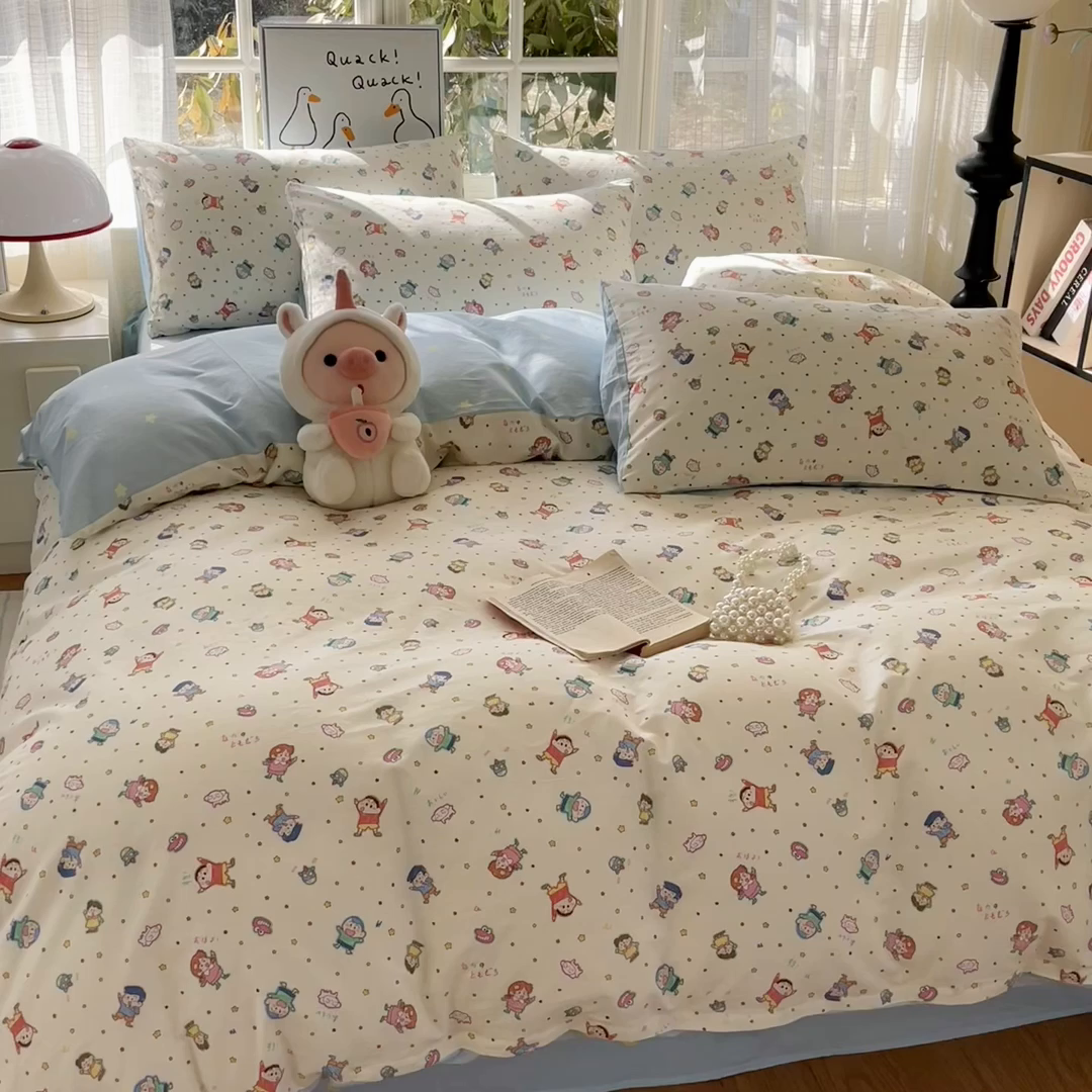 91家纺网 家纺一手货源 找家纺 睡美美家纺 2026新款全棉纯棉斜纹印花喷气小清新四季款学生三件套四件套 童年回忆-米