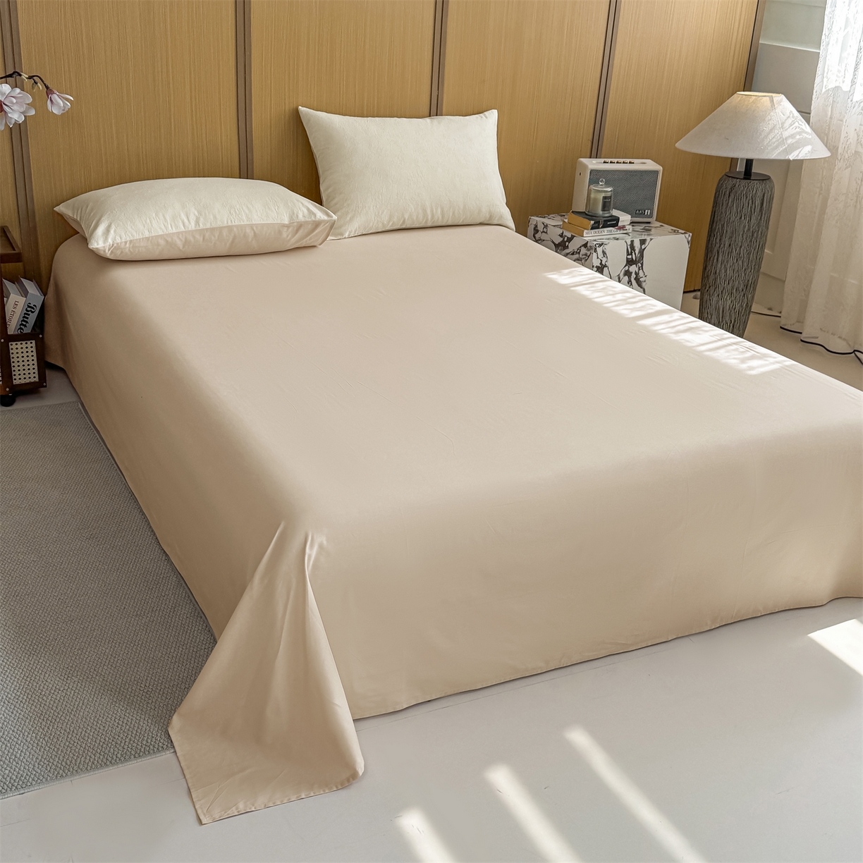 91家纺网 家纺一手货源 找家纺 灰鲸 2026新款全棉纯棉三层纱色织提花四件套 花影-杏仁奶霜