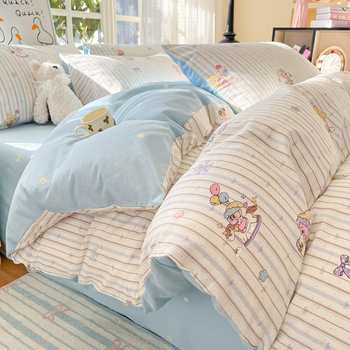 睡美美家纺 2026新款全棉纯棉斜纹印花喷气小清新四季款学生三件套四件套 小精灵