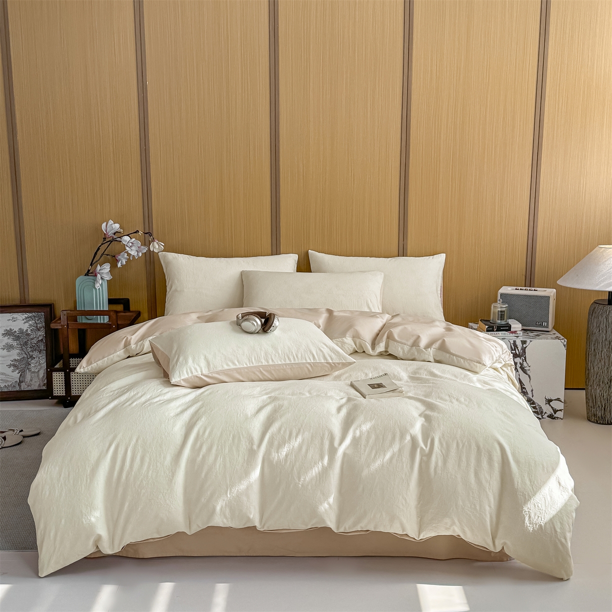 91家纺网 家纺一手货源 找家纺 灰鲸 2026新款全棉纯棉三层纱色织提花四件套 花影-杏仁奶霜