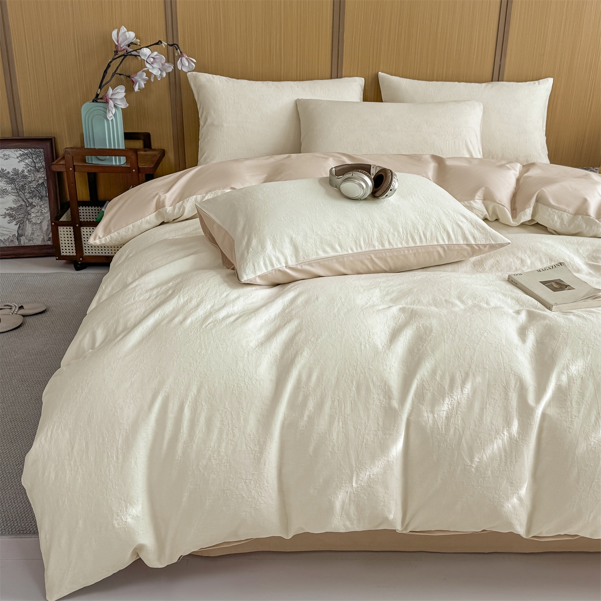 91家纺网 家纺一手货源 找家纺 灰鲸 2026新款全棉纯棉三层纱色织提花四件套 花影-杏仁奶霜