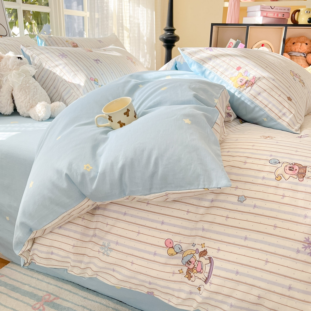 91家纺网 家纺一手货源 找家纺 睡美美家纺 2026新款全棉纯棉斜纹印花喷气小清新四季款学生三件套四件套 小精灵