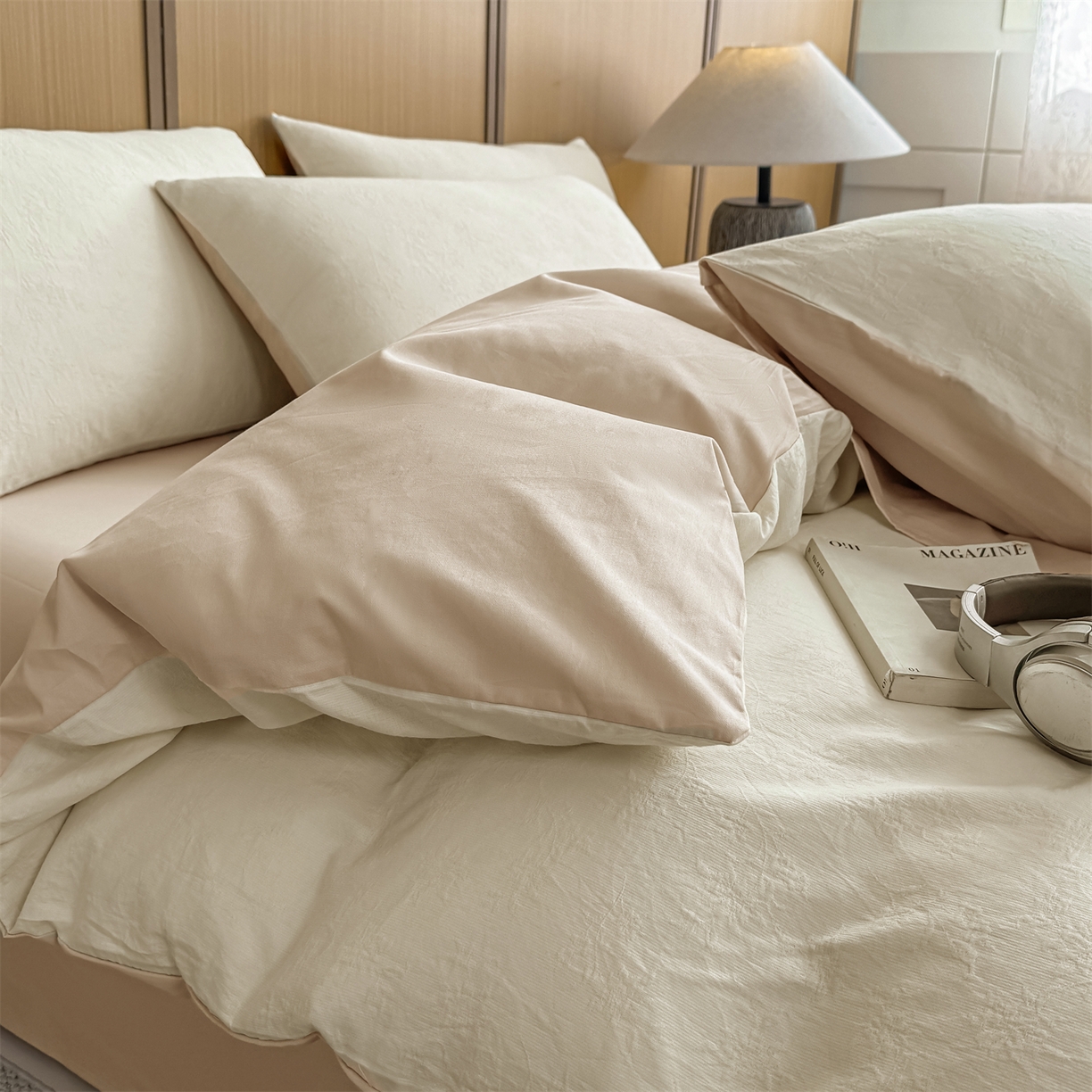 91家纺网 家纺一手货源 找家纺 灰鲸 2026新款全棉纯棉三层纱色织提花四件套 花影-杏仁奶霜