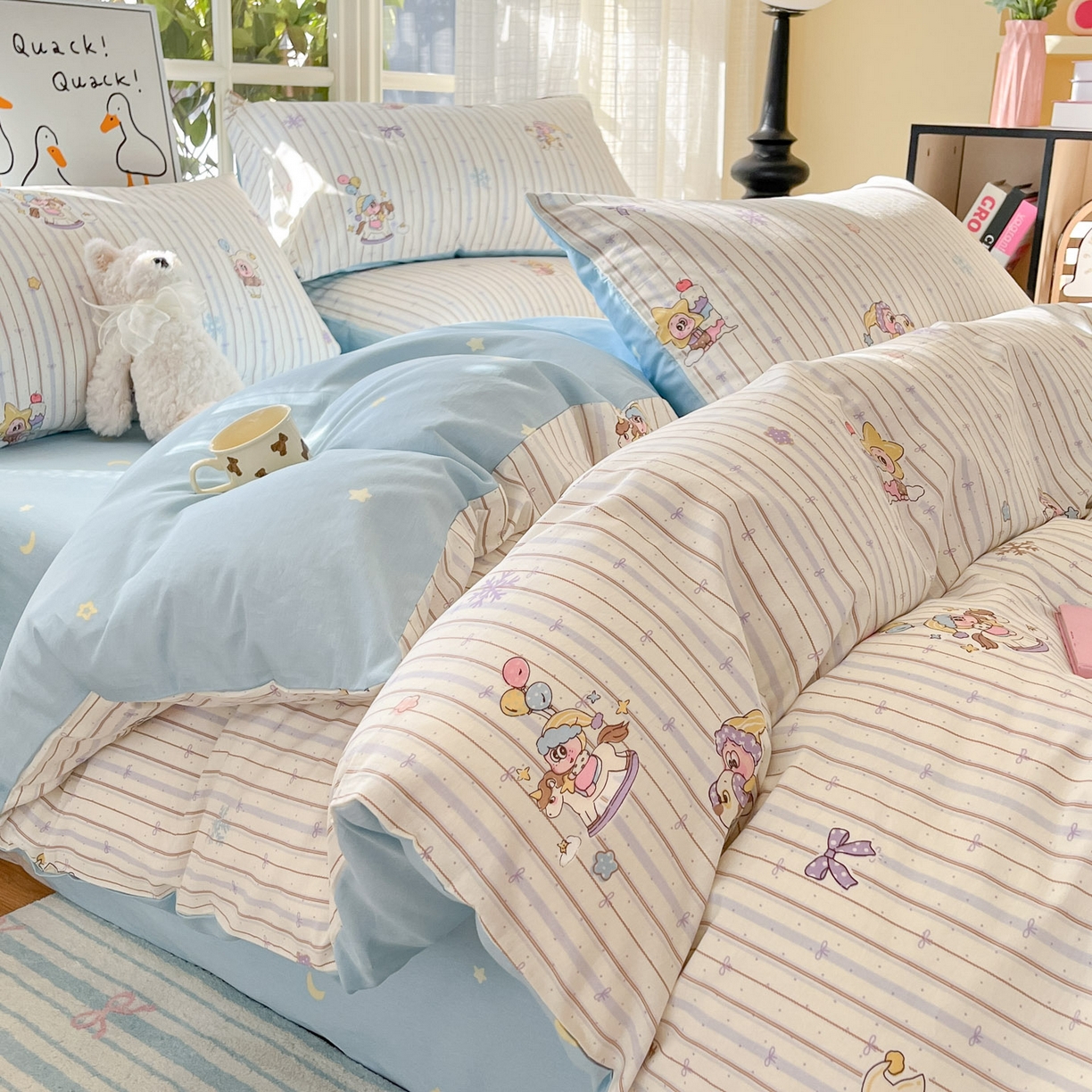 91家纺网 家纺一手货源 找家纺 睡美美家纺 2026新款全棉纯棉斜纹印花喷气小清新四季款学生三件套四件套 小精灵