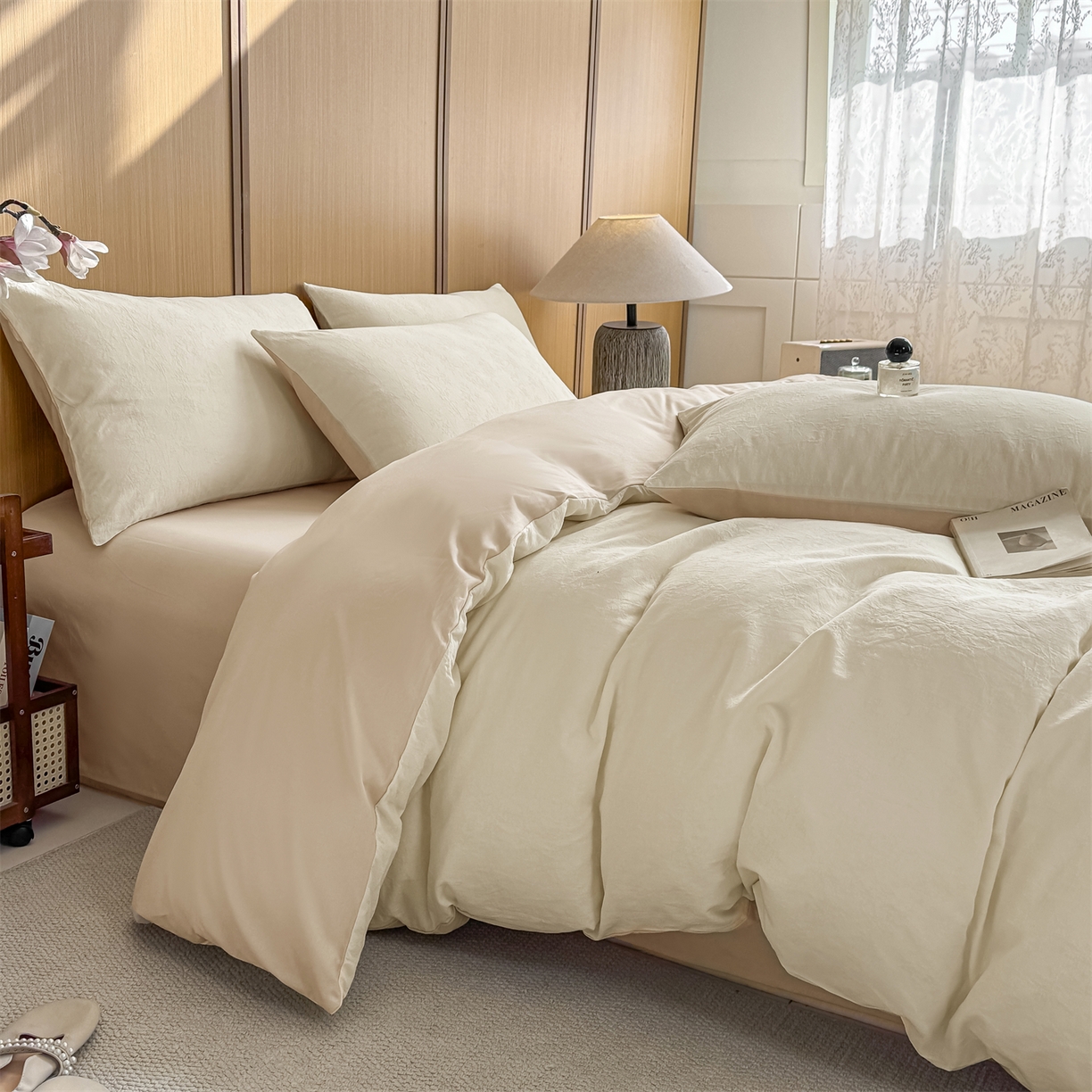 91家纺网 家纺一手货源 找家纺 灰鲸 2026新款全棉纯棉三层纱色织提花四件套 花影-杏仁奶霜