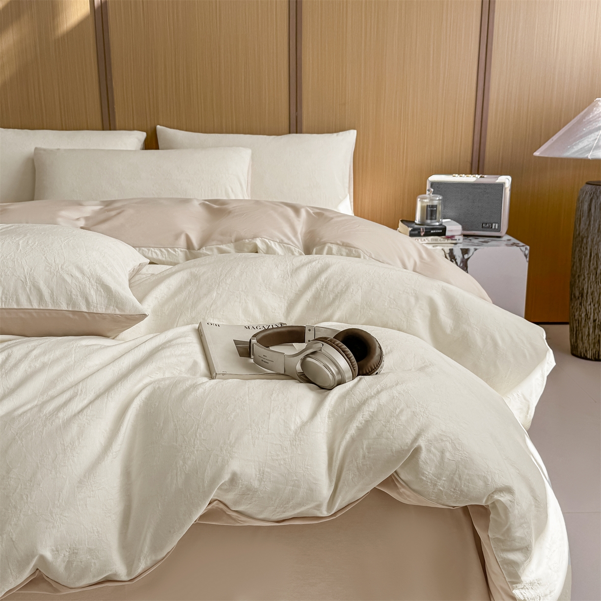 91家纺网 家纺一手货源 找家纺 灰鲸 2026新款全棉纯棉三层纱色织提花四件套 花影-杏仁奶霜