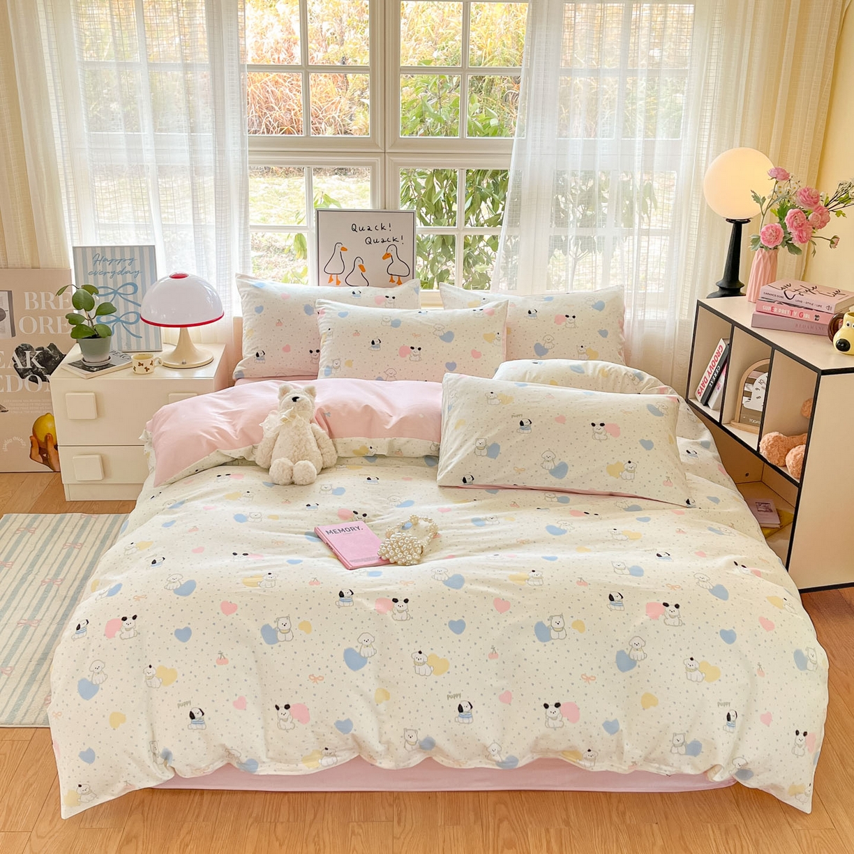 91家纺网 家纺一手货源 找家纺 睡美美家纺 2026新款全棉纯棉斜纹印花喷气小清新四季款学生三件套四件套 心心狗