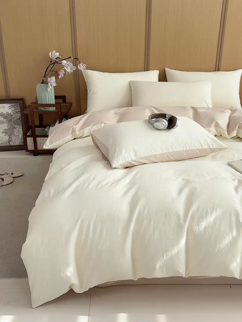 91家纺网 家纺一手货源 找家纺 灰鲸 2026新款全棉纯棉三层纱色织提花四件套 花影-杏仁奶霜