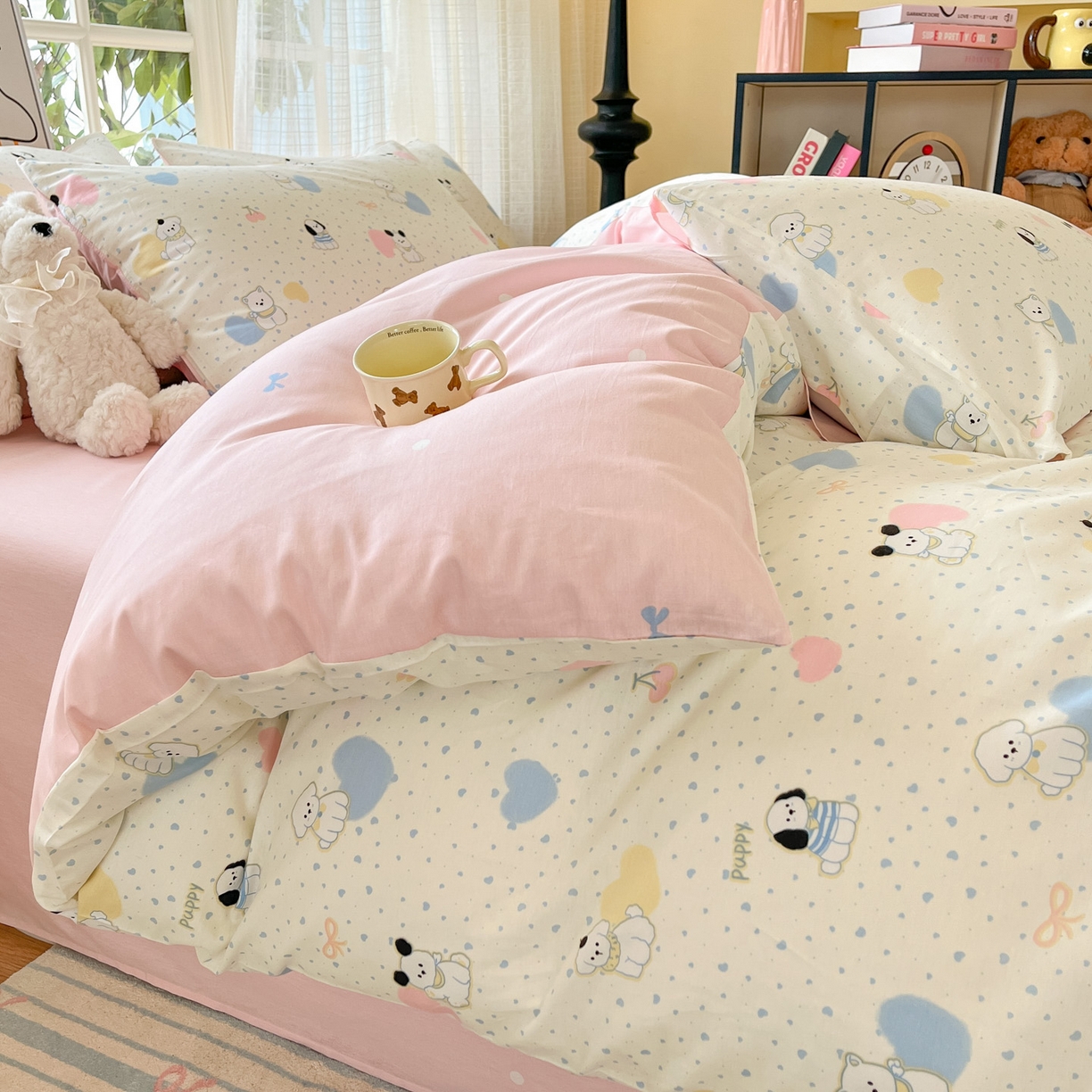 91家纺网 家纺一手货源 找家纺 睡美美家纺 2026新款全棉纯棉斜纹印花喷气小清新四季款学生三件套四件套 心心狗