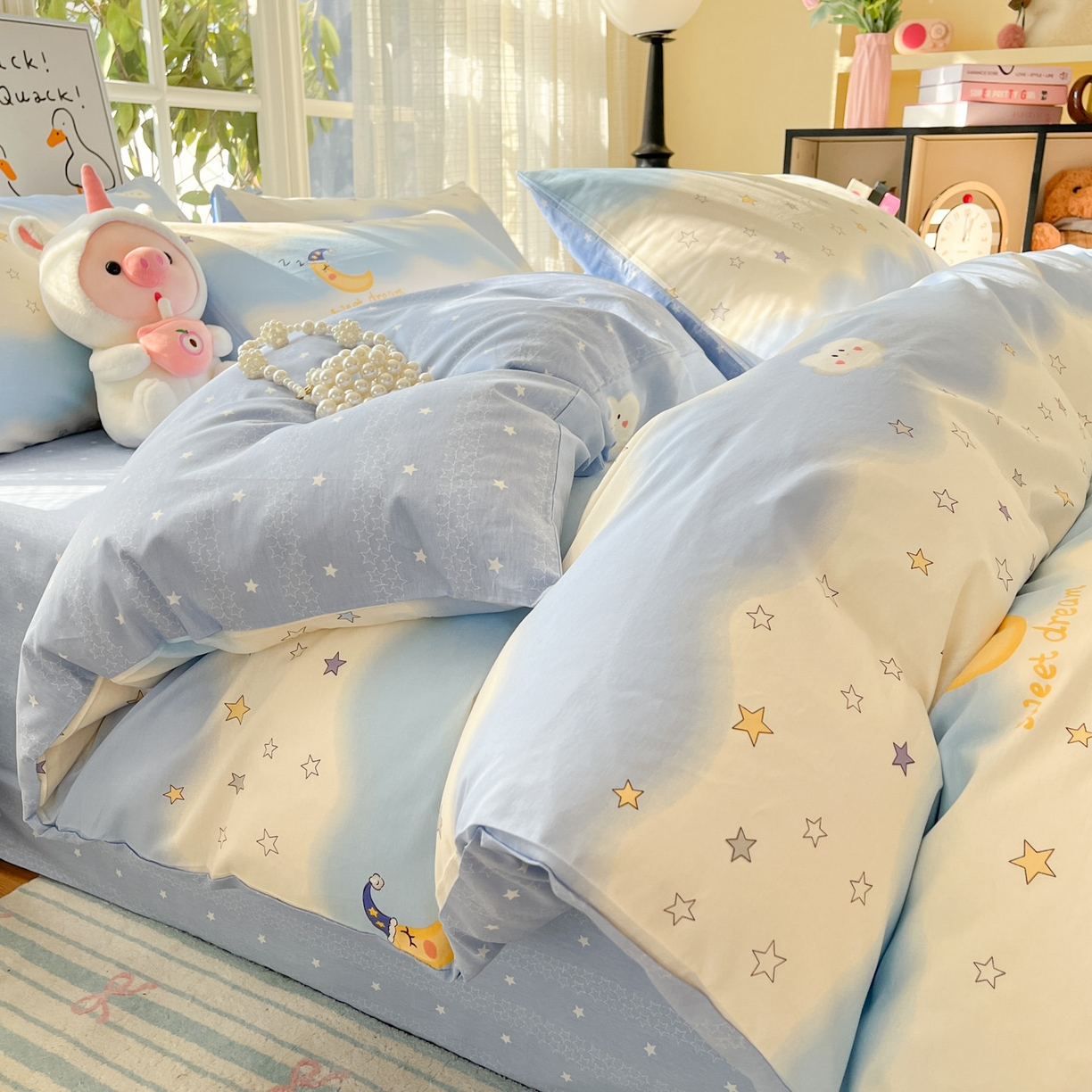 睡美美家纺 2026新款全棉纯棉斜纹印花喷气小清新四季款学生三件套四件套 星辰入梦