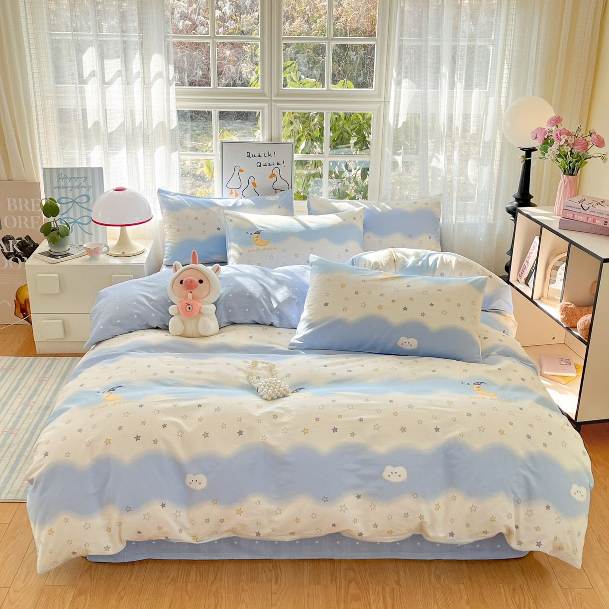 91家纺网 家纺一手货源 找家纺 睡美美家纺 2026新款全棉纯棉斜纹印花喷气小清新四季款学生三件套四件套 星辰入梦