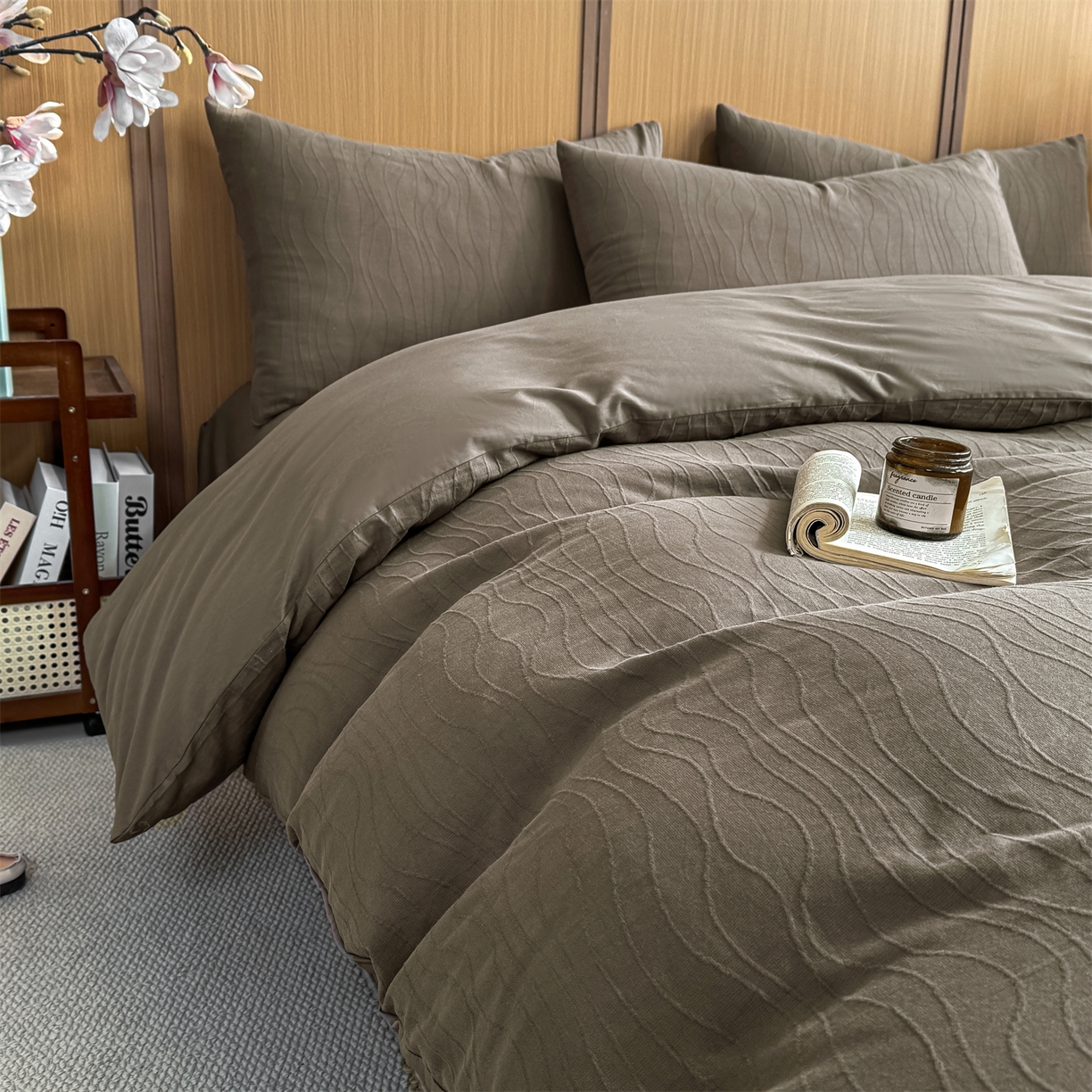 91家纺网 家纺一手货源 找家纺 灰鲸 2026新款全棉纯棉三层纱色织提花四件套 浅忆-摩卡