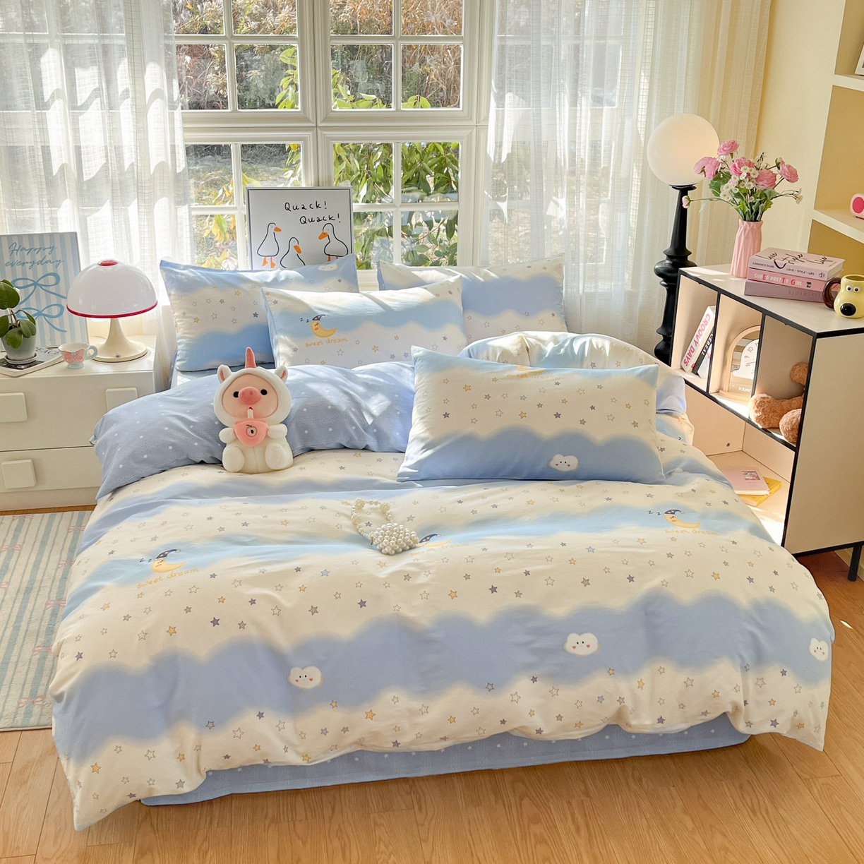 91家纺网 家纺一手货源 找家纺 睡美美家纺 2026新款全棉纯棉斜纹印花喷气小清新四季款学生三件套四件套 星辰入梦