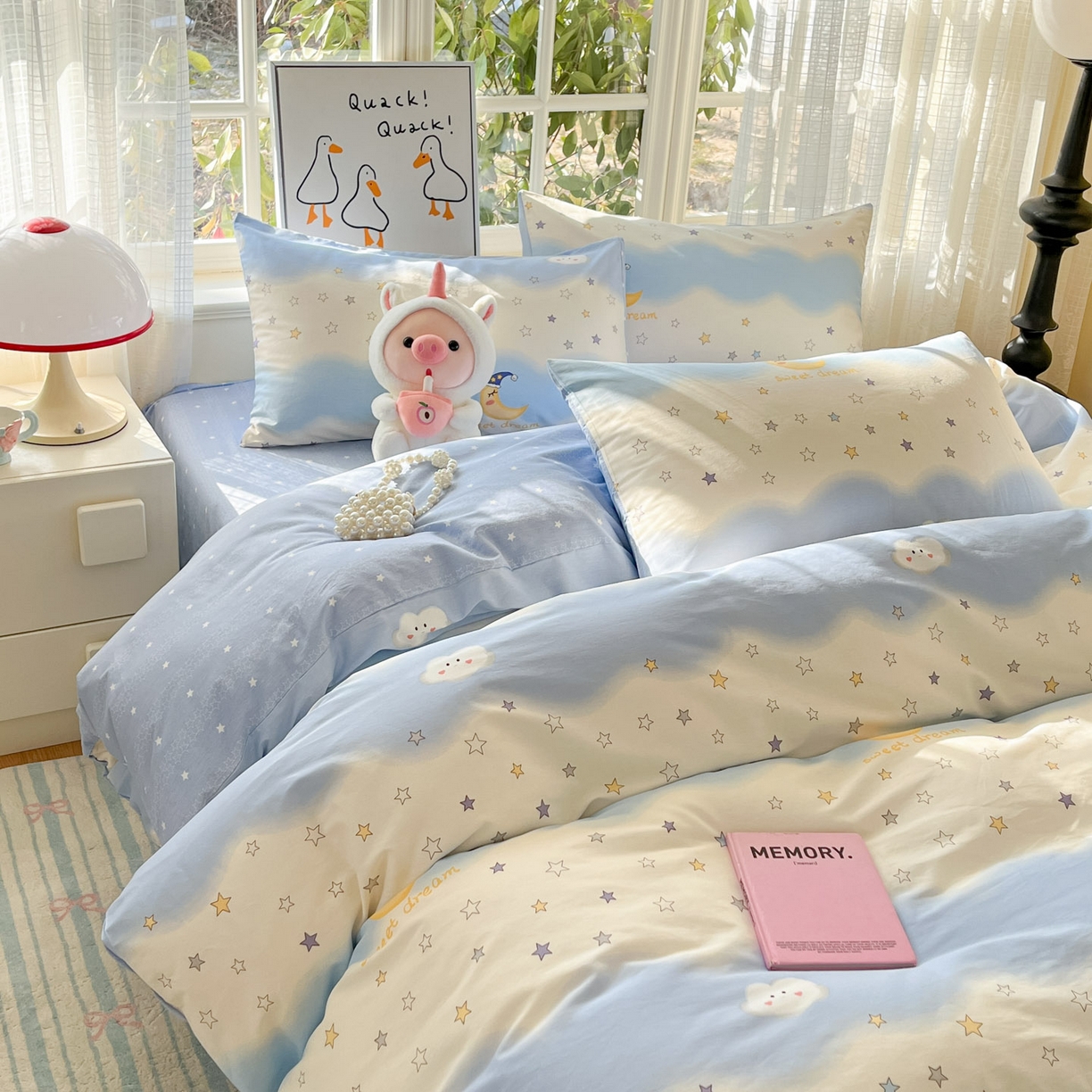 91家纺网 家纺一手货源 找家纺 睡美美家纺 2026新款全棉纯棉斜纹印花喷气小清新四季款学生三件套四件套 星辰入梦