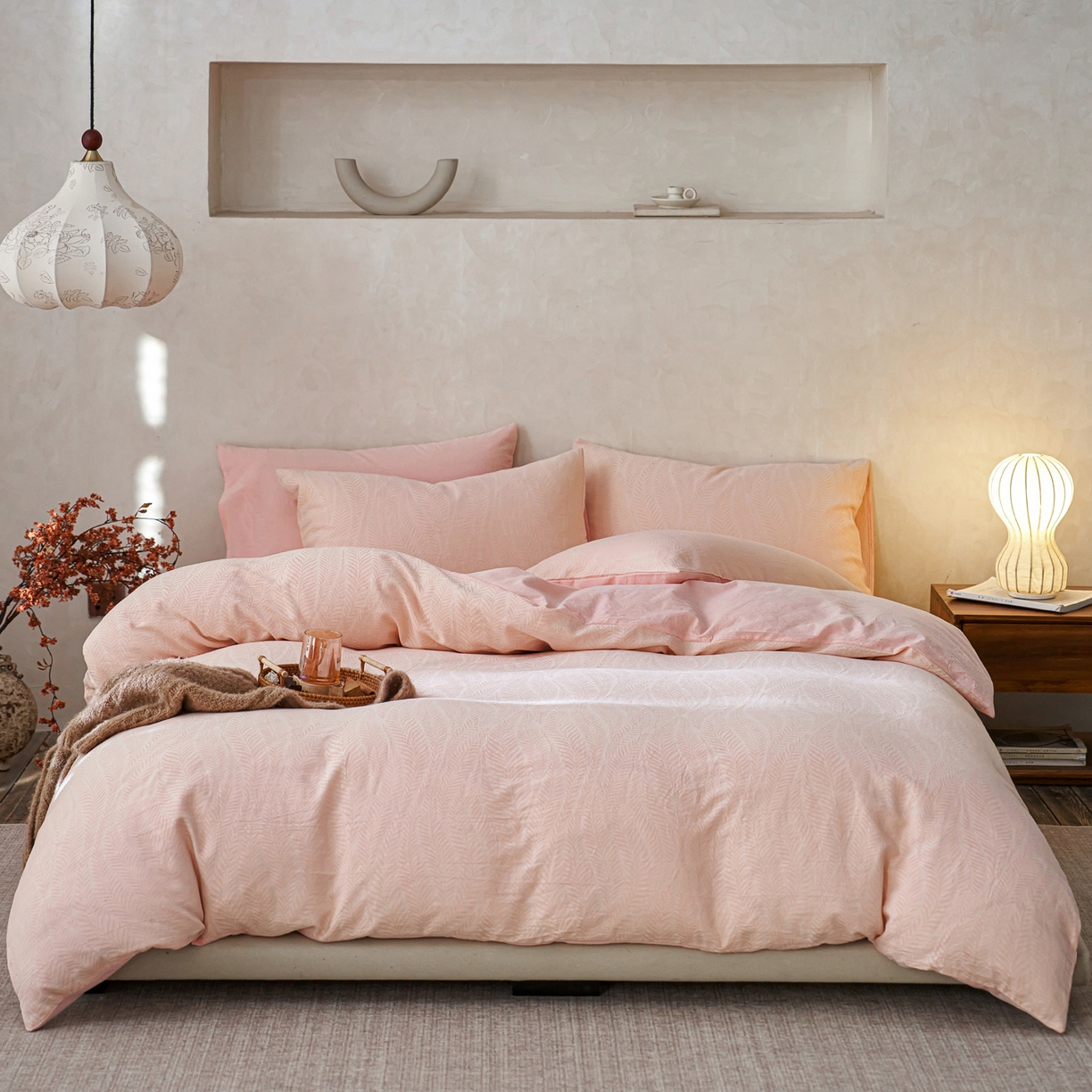 如一 2026新款色织提花全棉水洗棉四件套第一批 叶笙-粉