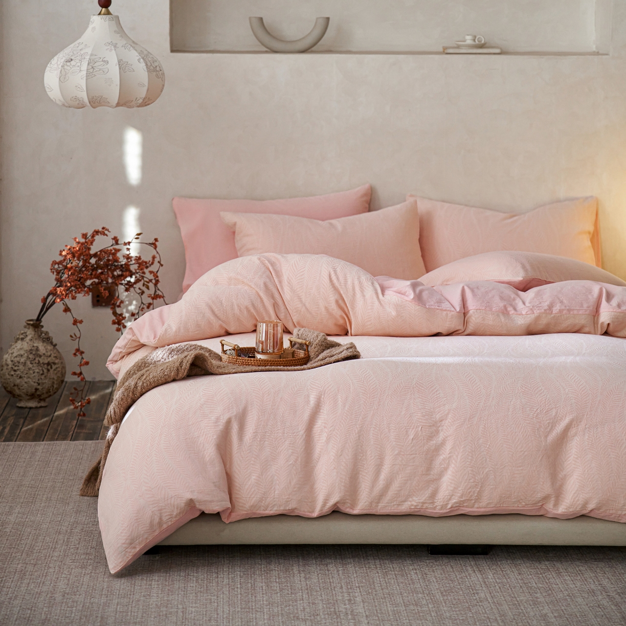 91家纺网 家纺一手货源 找家纺 如一 2026新款色织提花全棉水洗棉四件套第一批 叶笙-粉