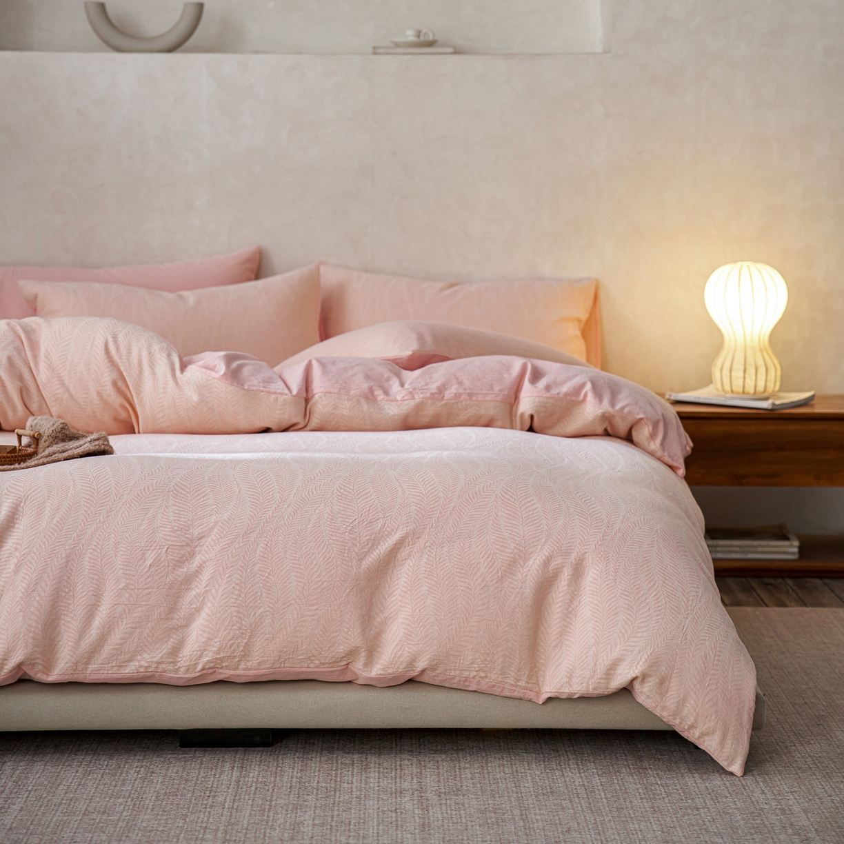 91家纺网 家纺一手货源 找家纺 如一 2026新款色织提花全棉水洗棉四件套第一批 叶笙-粉