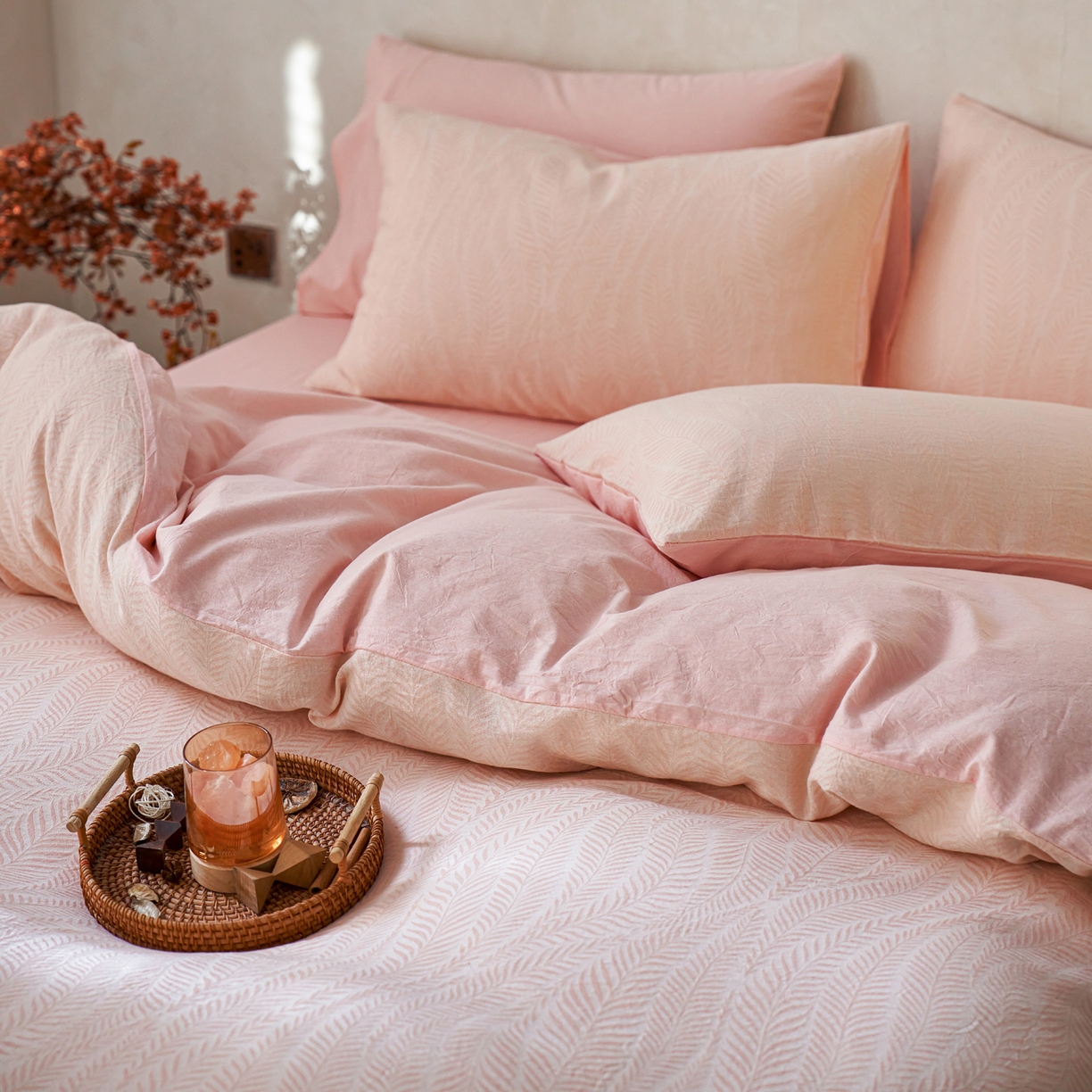 91家纺网 家纺一手货源 找家纺 如一 2026新款色织提花全棉水洗棉四件套第一批 叶笙-粉