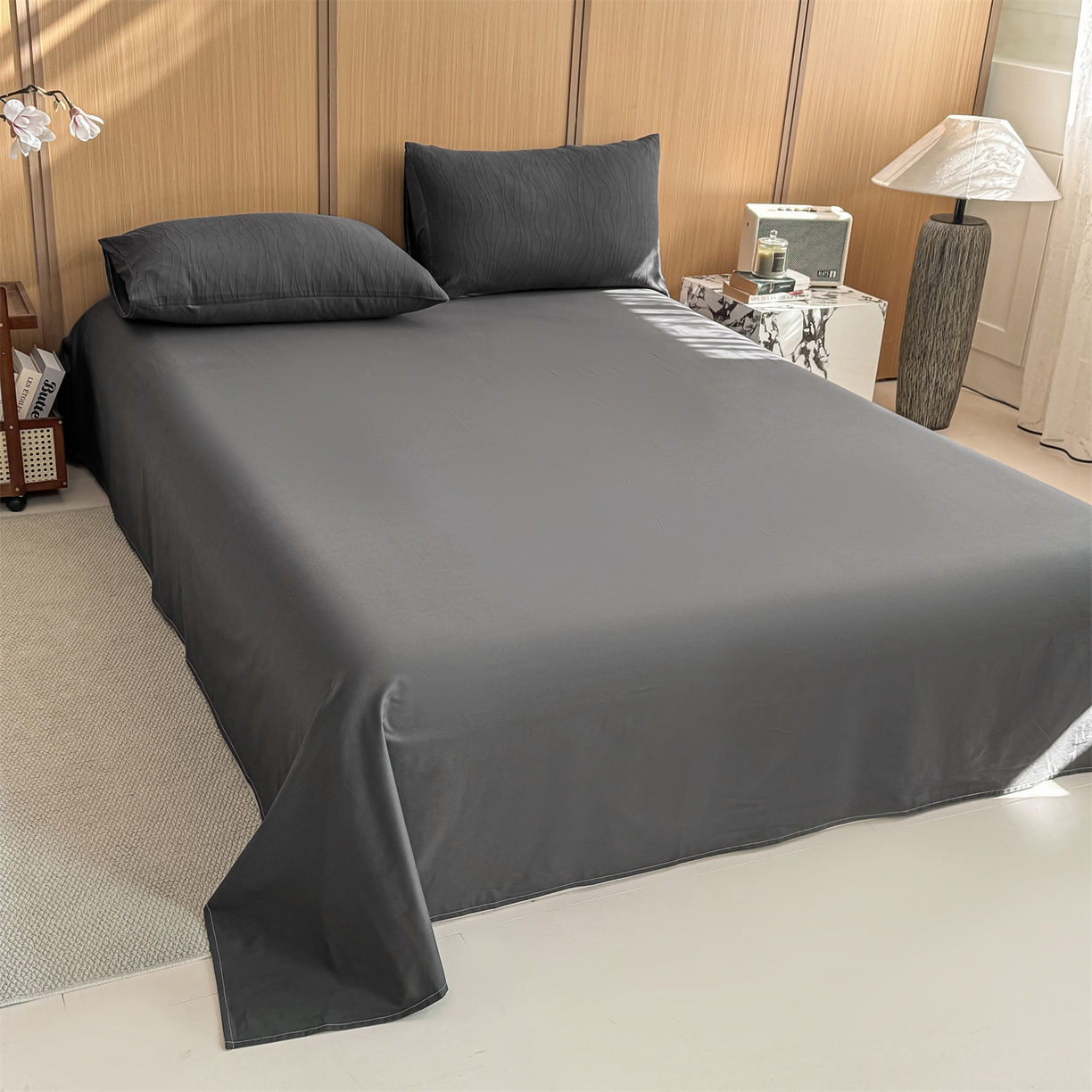 91家纺网 家纺一手货源 找家纺 灰鲸 2026新款全棉纯棉三层纱色织提花四件套 浅忆-素墨