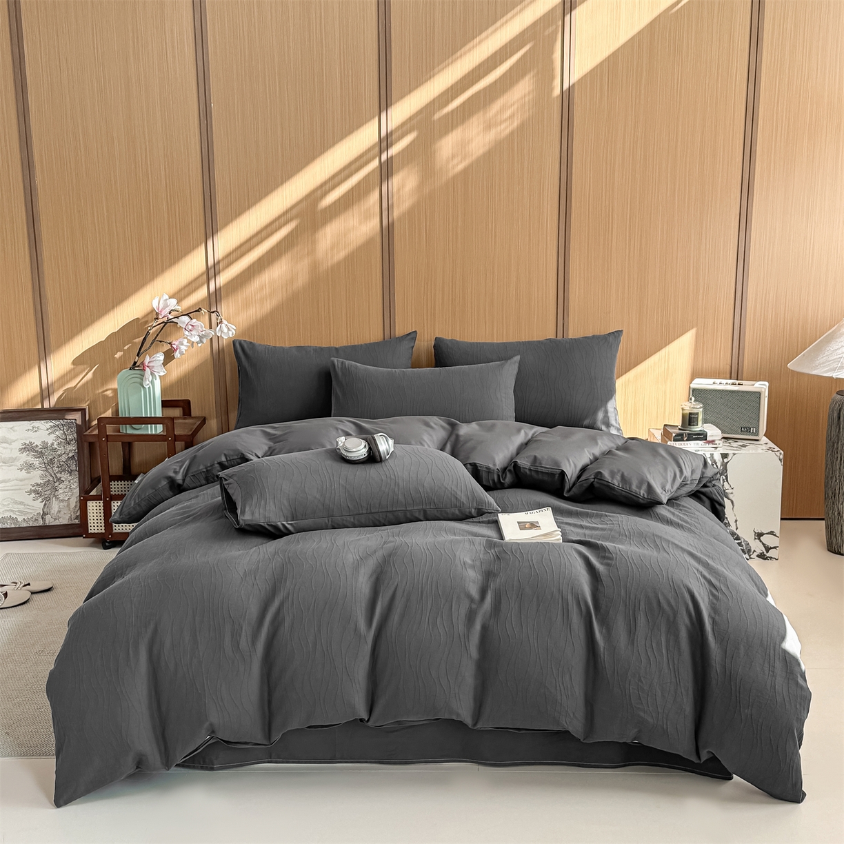 91家纺网 家纺一手货源 找家纺 灰鲸 2026新款全棉纯棉三层纱色织提花四件套 浅忆-素墨