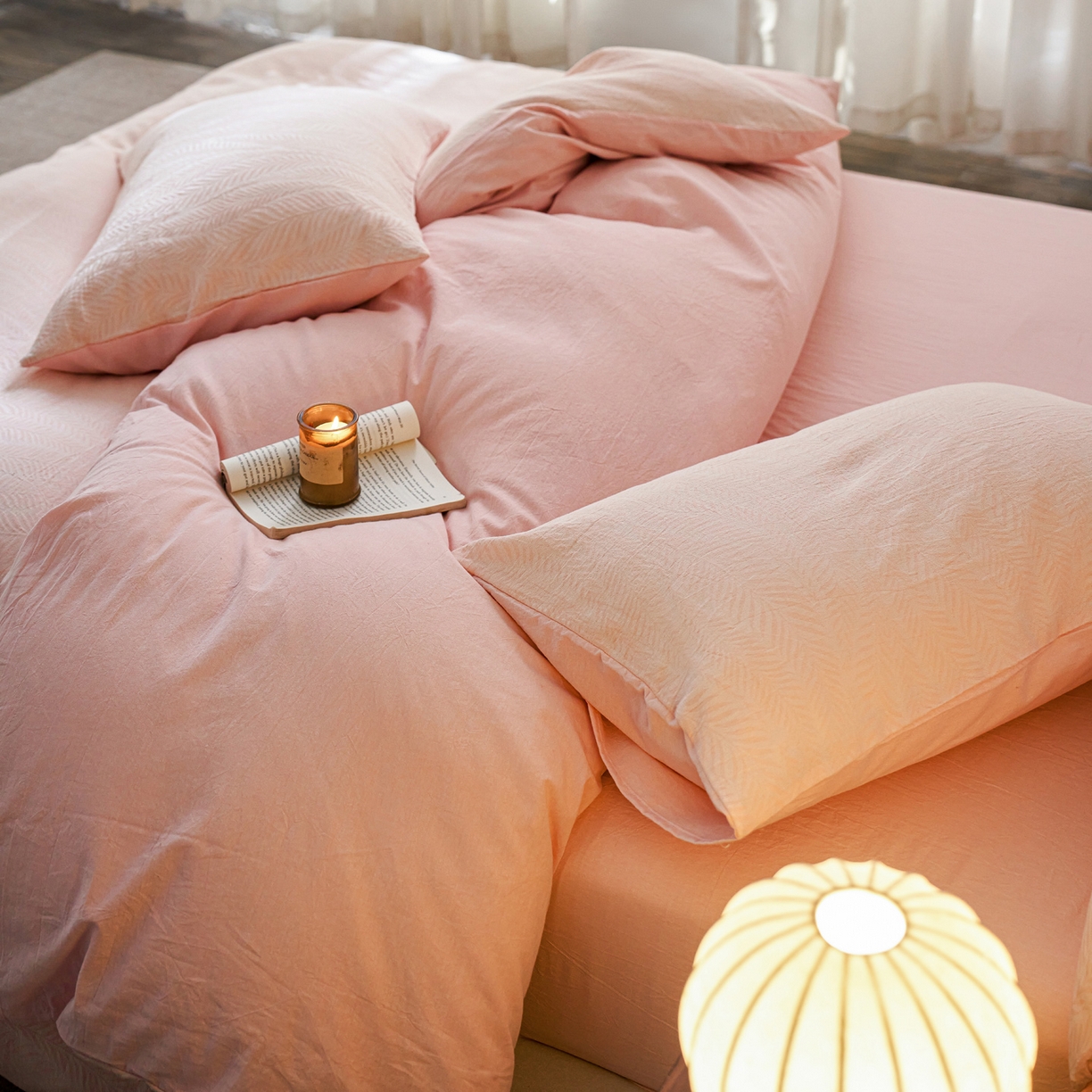 91家纺网 家纺一手货源 找家纺 如一 2026新款色织提花全棉水洗棉四件套第一批 叶笙-粉