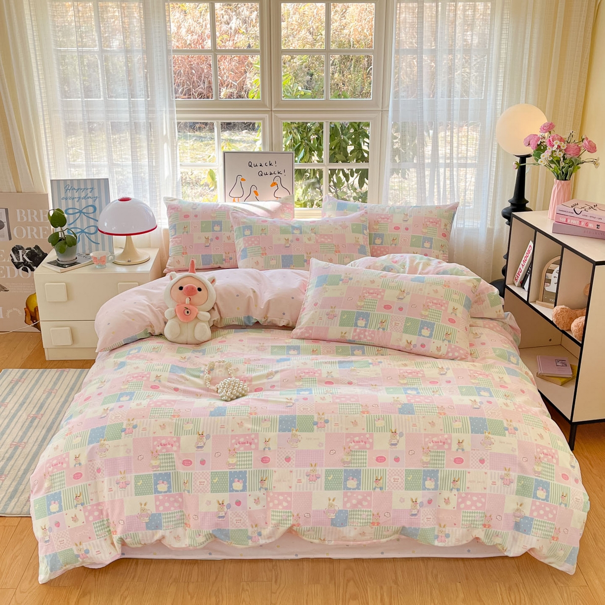 91家纺网 家纺一手货源 找家纺 睡美美家纺 2026新款全棉纯棉斜纹印花喷气小清新四季款学生三件套四件套 幸运宝贝