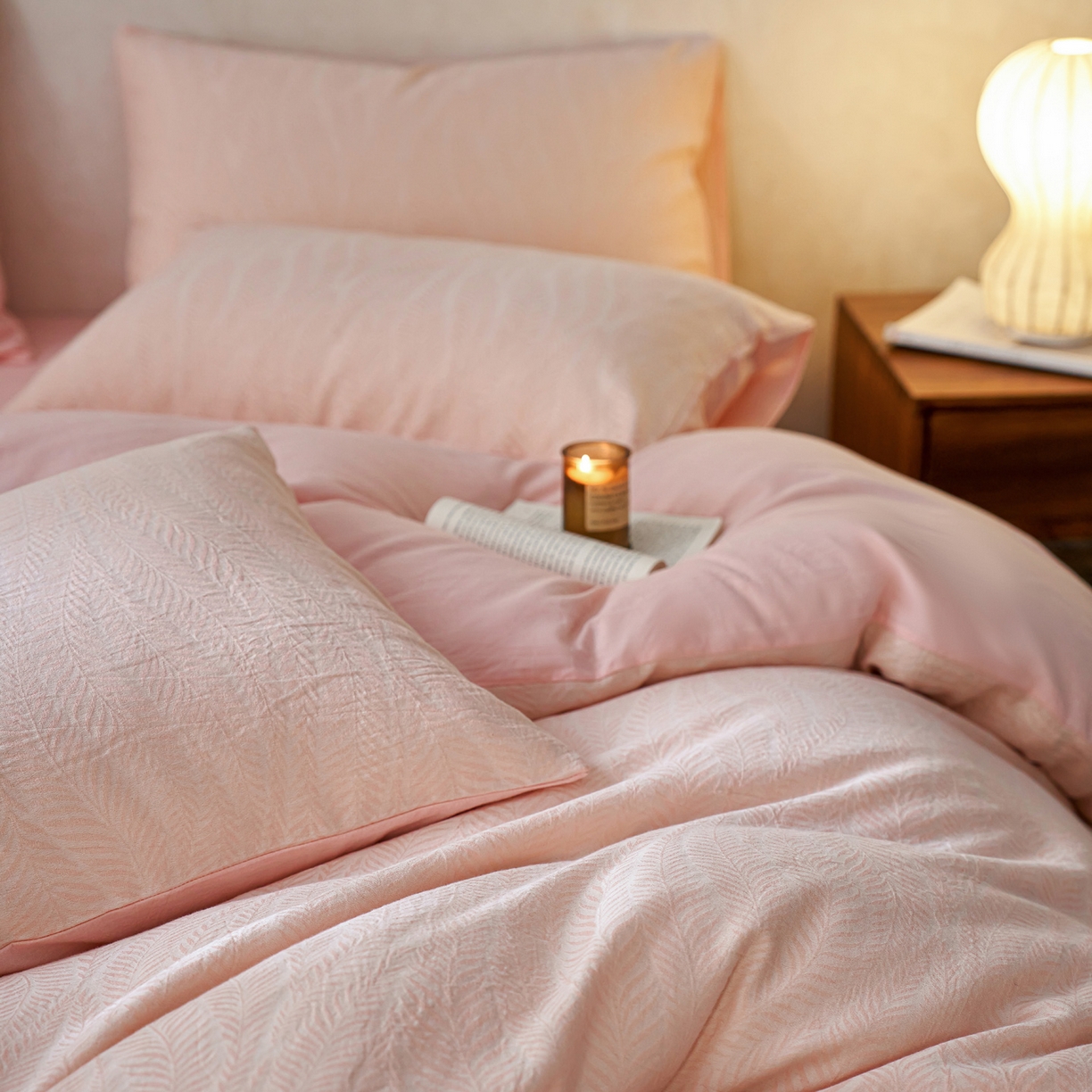 91家纺网 家纺一手货源 找家纺 如一 2026新款色织提花全棉水洗棉四件套第一批 叶笙-粉