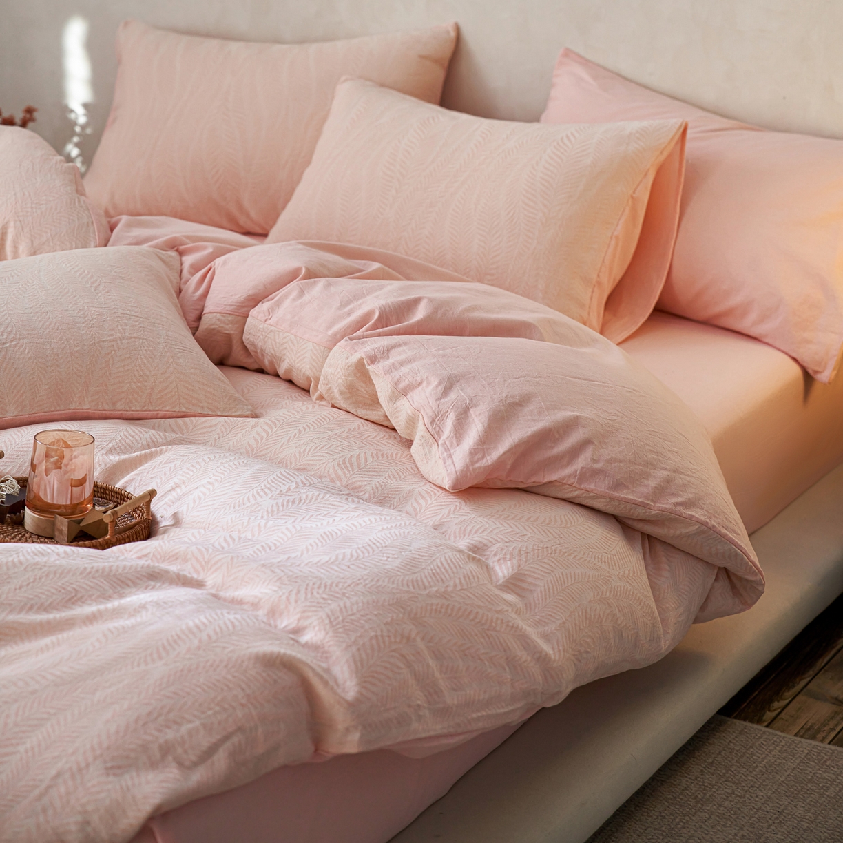 91家纺网 家纺一手货源 找家纺 如一 2026新款色织提花全棉水洗棉四件套第一批 叶笙-粉