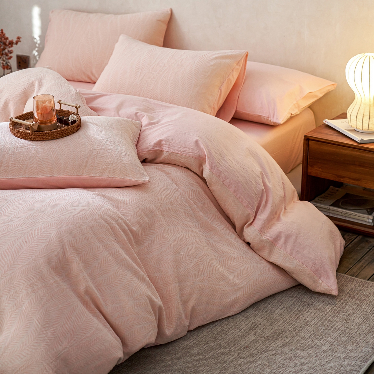 91家纺网 家纺一手货源 找家纺 如一 2026新款色织提花全棉水洗棉四件套第一批 叶笙-粉