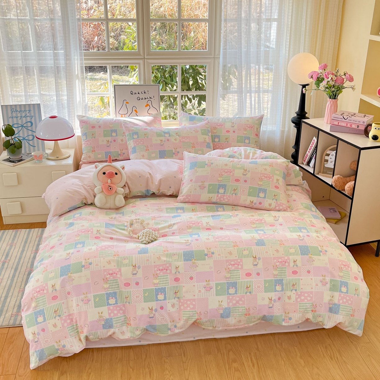 91家纺网 家纺一手货源 找家纺 睡美美家纺 2026新款全棉纯棉斜纹印花喷气小清新四季款学生三件套四件套 幸运宝贝