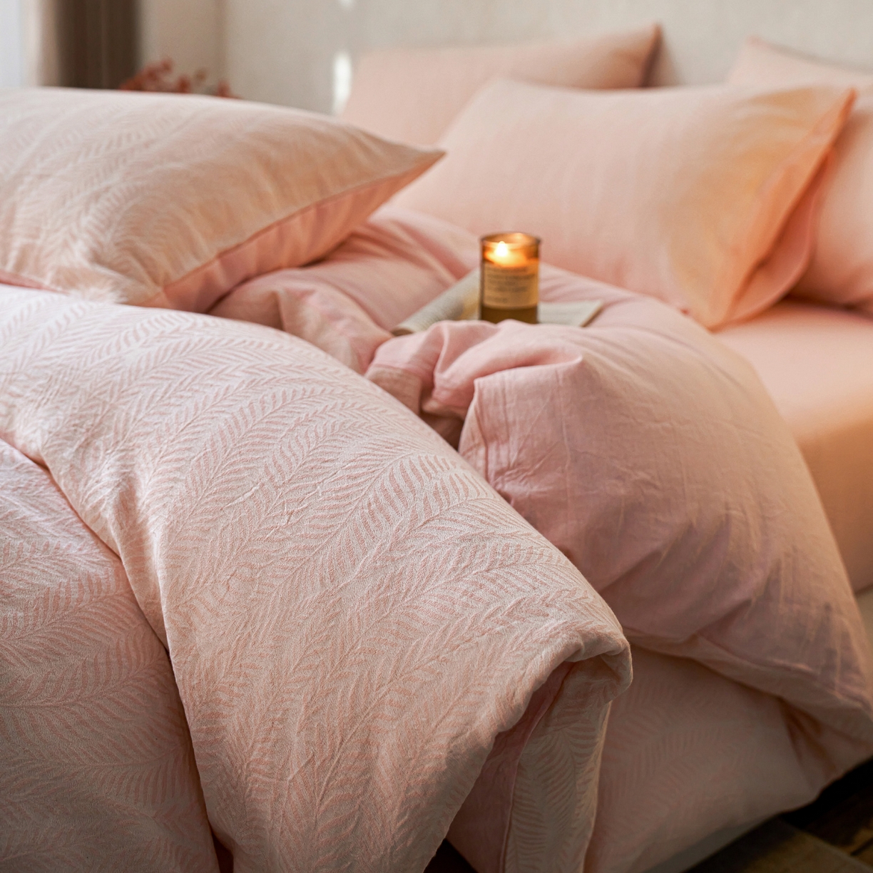 91家纺网 家纺一手货源 找家纺 如一 2026新款色织提花全棉水洗棉四件套第一批 叶笙-粉