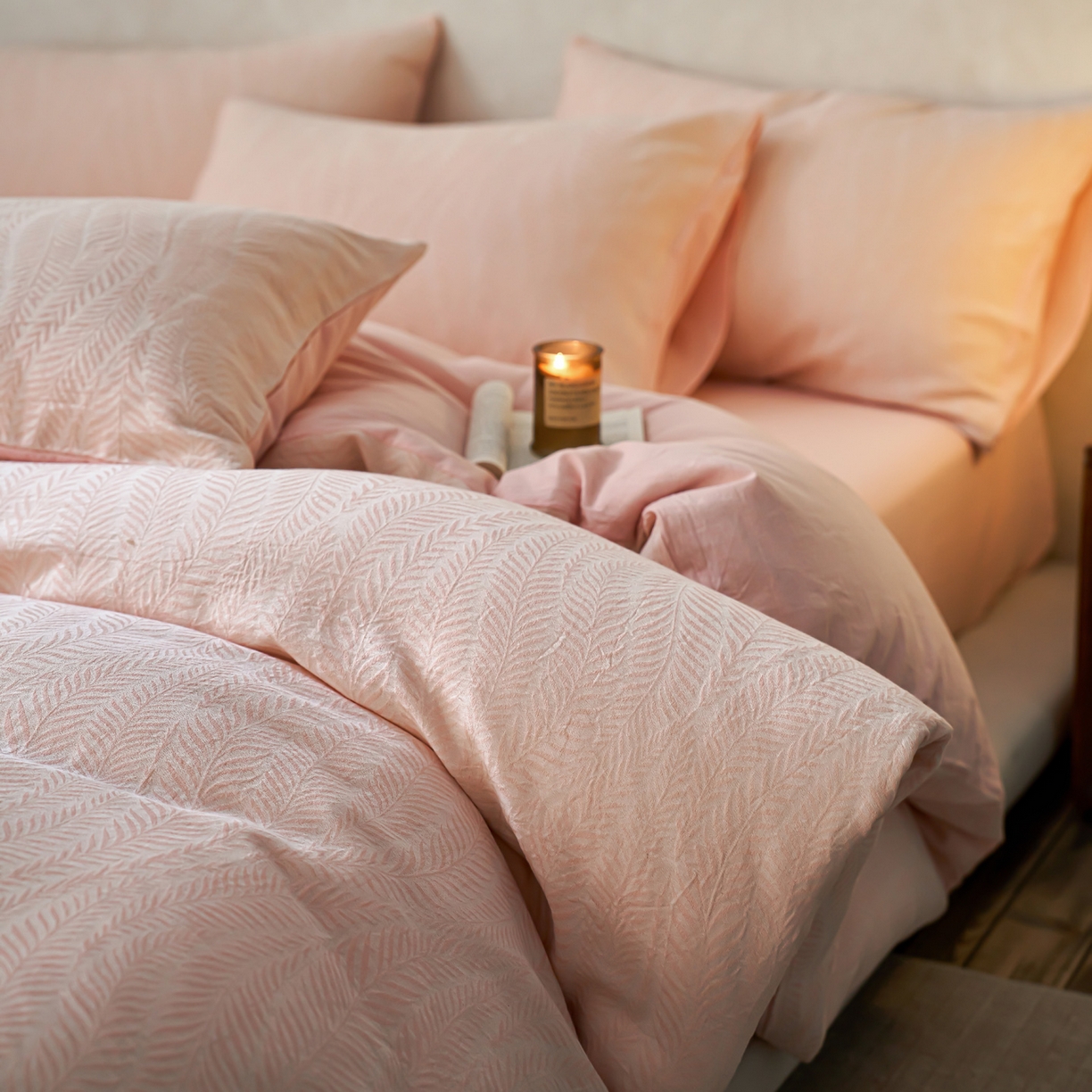 91家纺网 家纺一手货源 找家纺 如一 2026新款色织提花全棉水洗棉四件套第一批 叶笙-粉