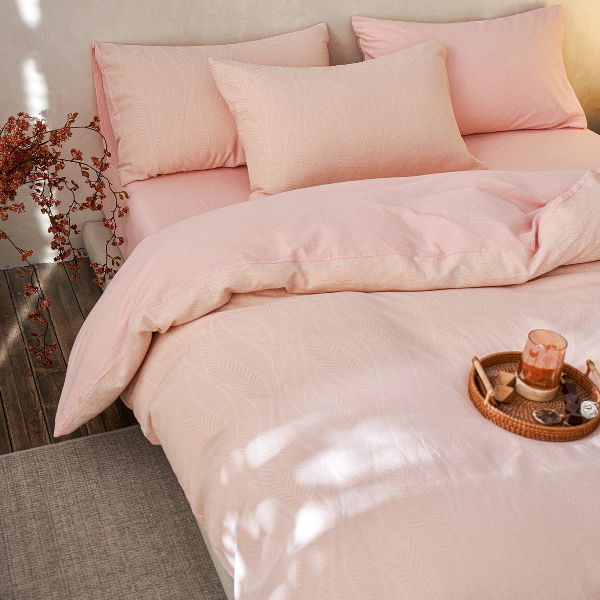 91家纺网 家纺一手货源 找家纺 如一 2026新款色织提花全棉水洗棉四件套第一批 叶笙-粉